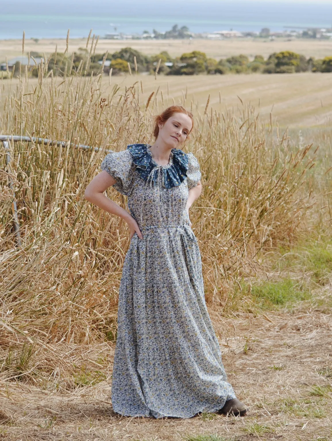 100% RECYCLED COTTON - PIERROT MAXI DRESS BLUE AND YELLOW FLORAL