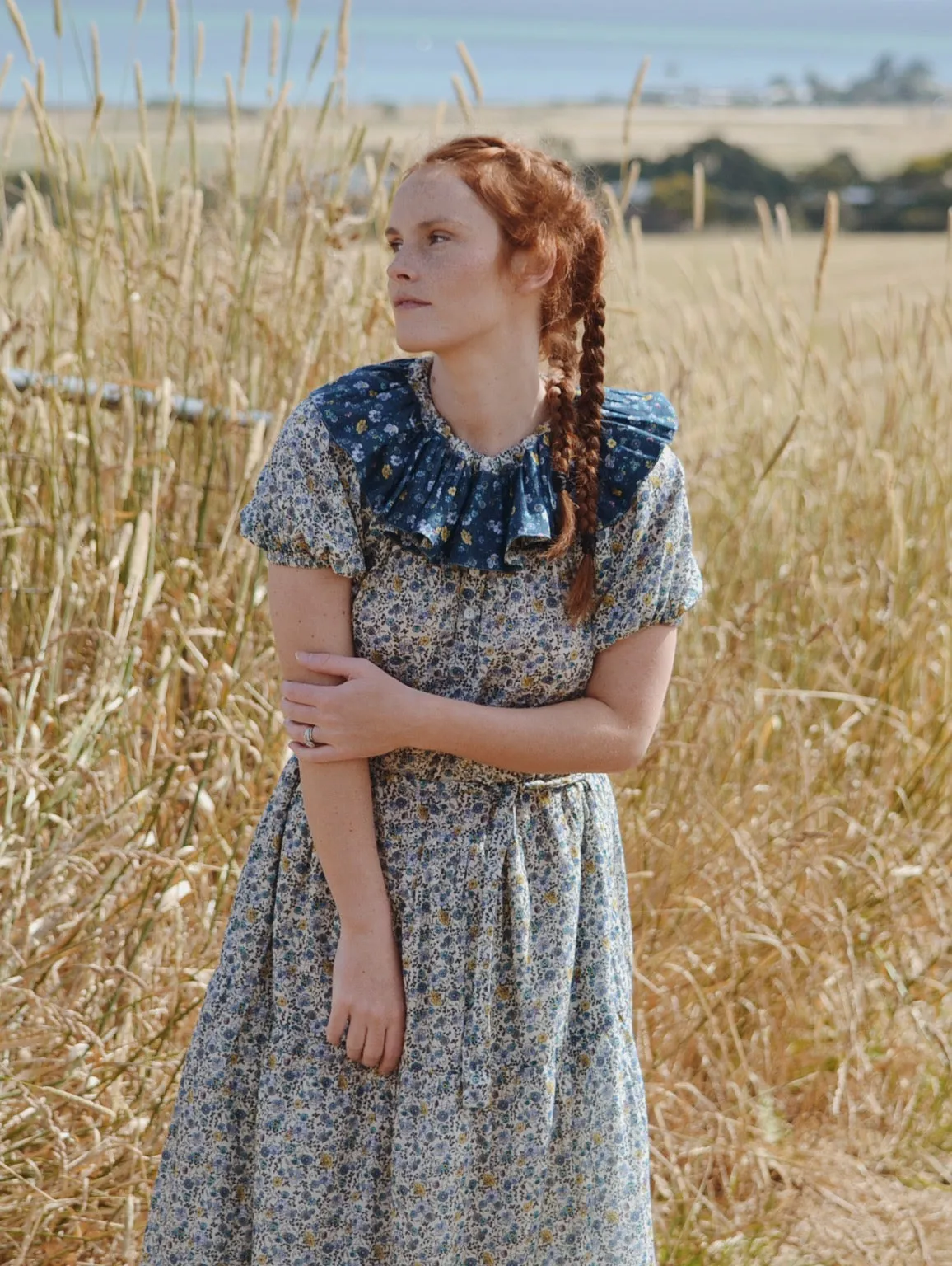 100% RECYCLED COTTON - PIERROT MAXI DRESS BLUE AND YELLOW FLORAL