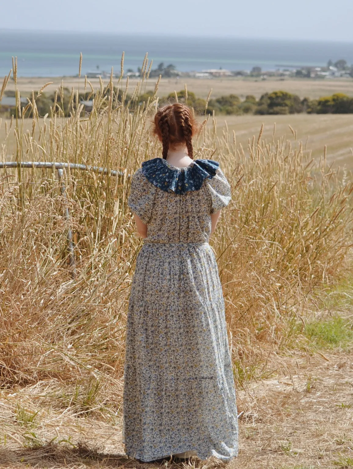 100% RECYCLED COTTON - PIERROT MAXI DRESS BLUE AND YELLOW FLORAL