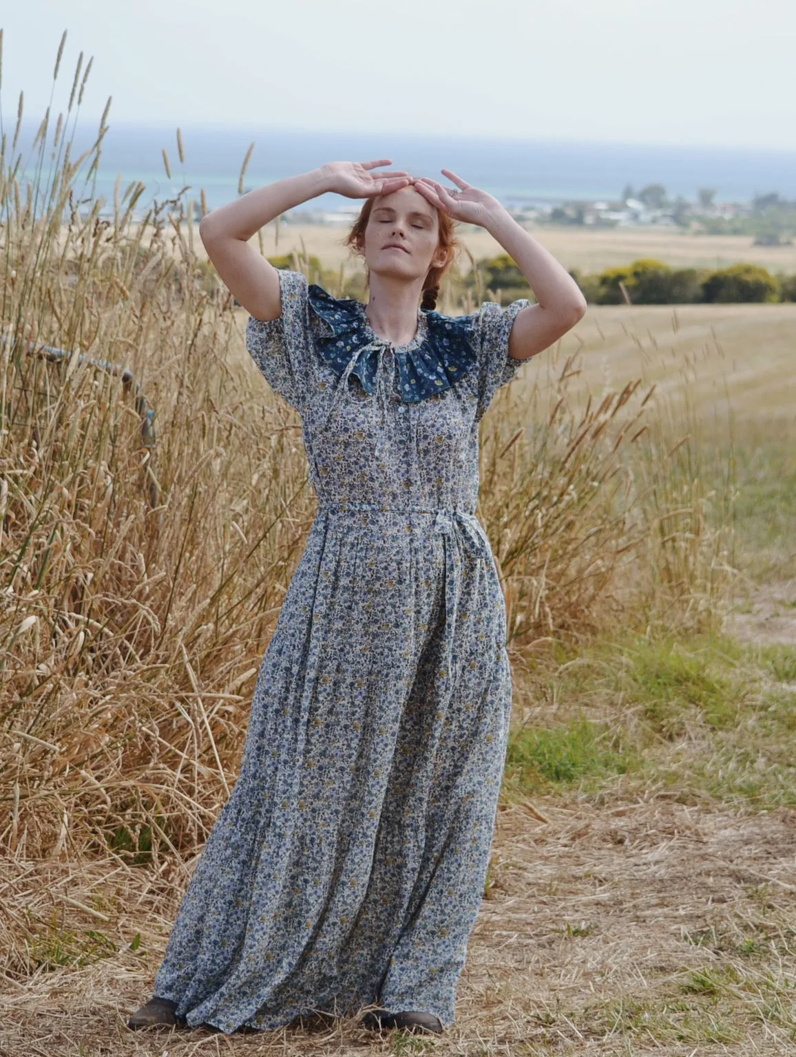 100% RECYCLED COTTON - PIERROT MAXI DRESS BLUE AND YELLOW FLORAL