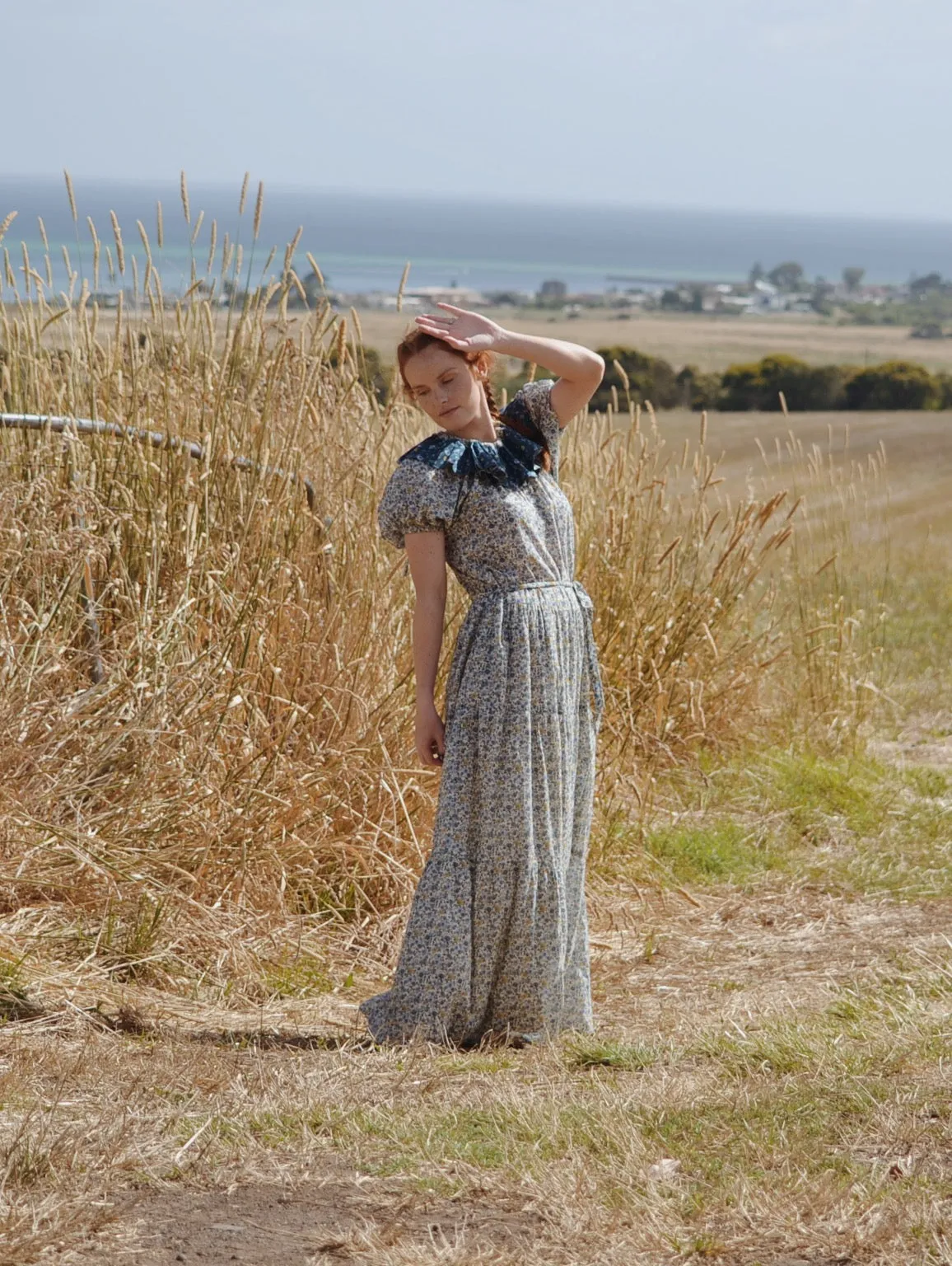 100% RECYCLED COTTON - PIERROT MAXI DRESS BLUE AND YELLOW FLORAL