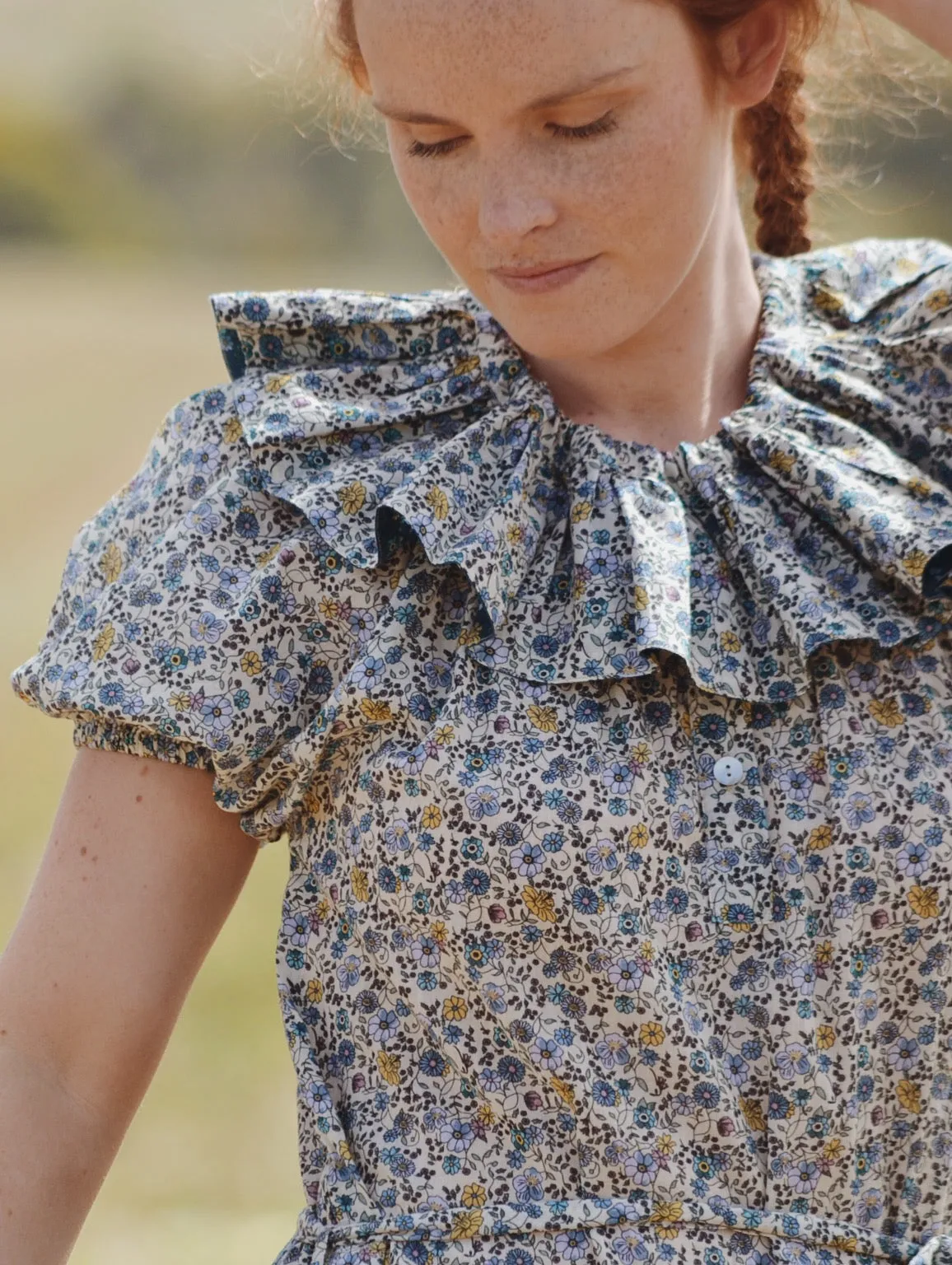 100% RECYCLED COTTON - PIERROT MAXI DRESS BLUE AND YELLOW FLORAL