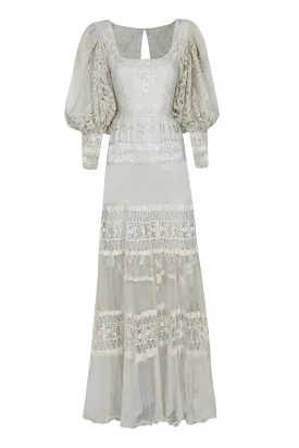 1920s Ivory Handmade Lace Gown with Puffball Sleeves