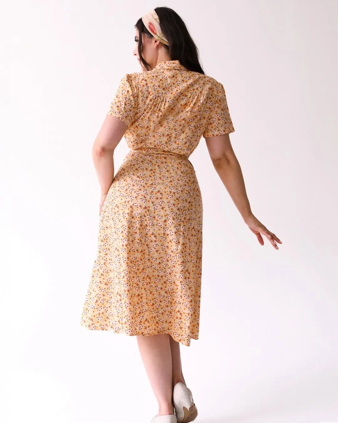 1940s Inspired Yellow Ditsy Floral Shirt Dress