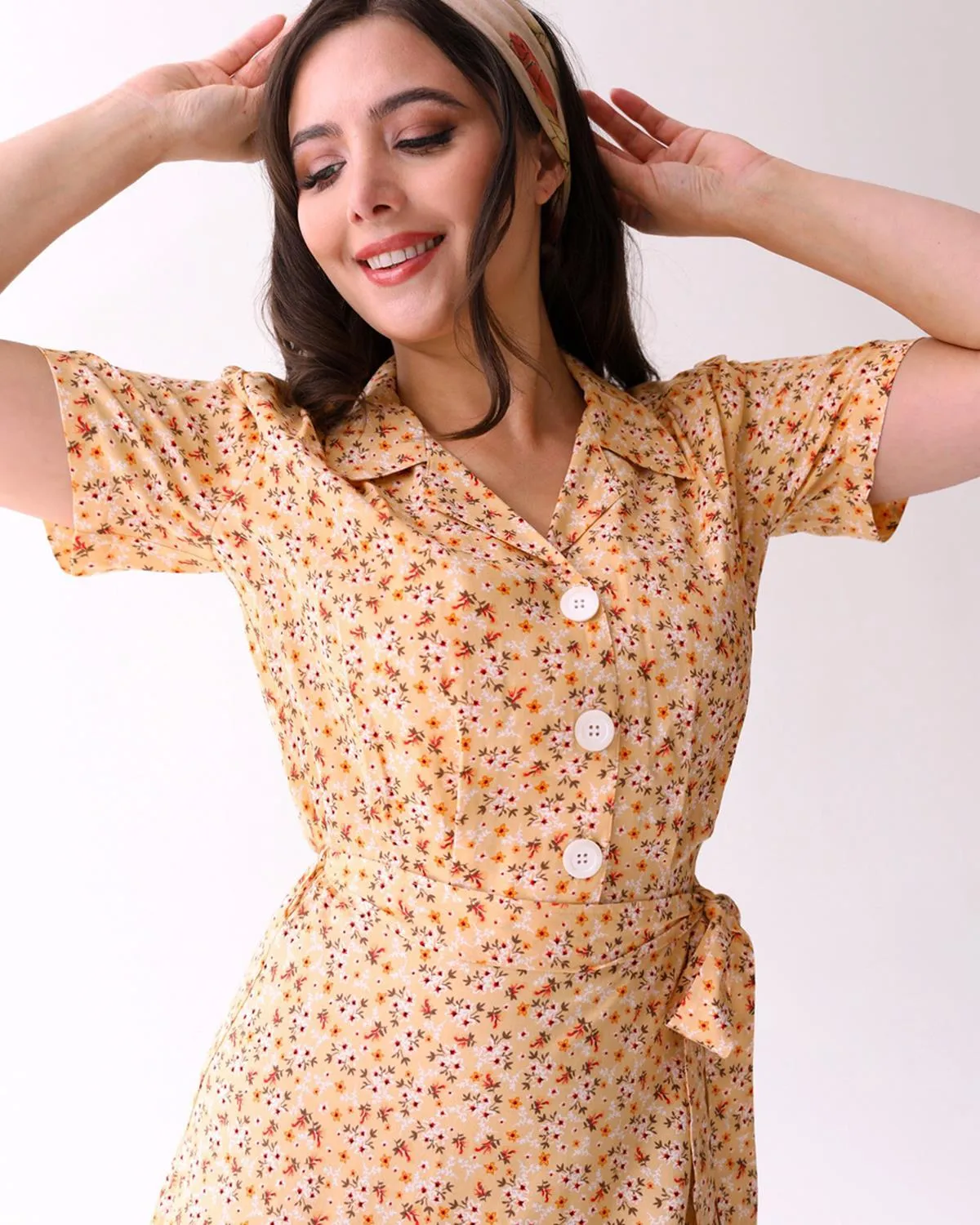 1940s Inspired Yellow Ditsy Floral Shirt Dress