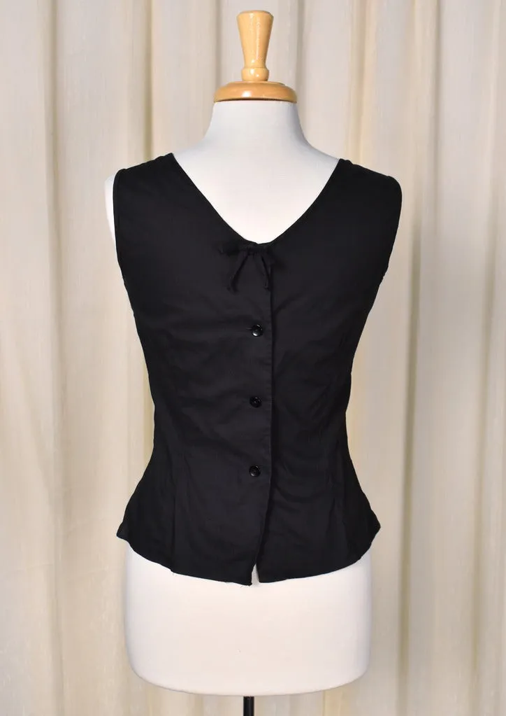 1950s Black Square Neck Button Back Sleeveless Blouse