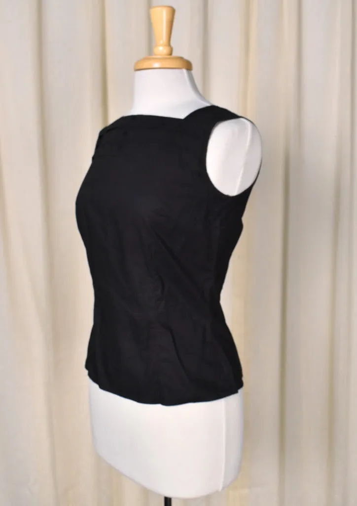 1950s Black Square Neck Button Back Sleeveless Blouse