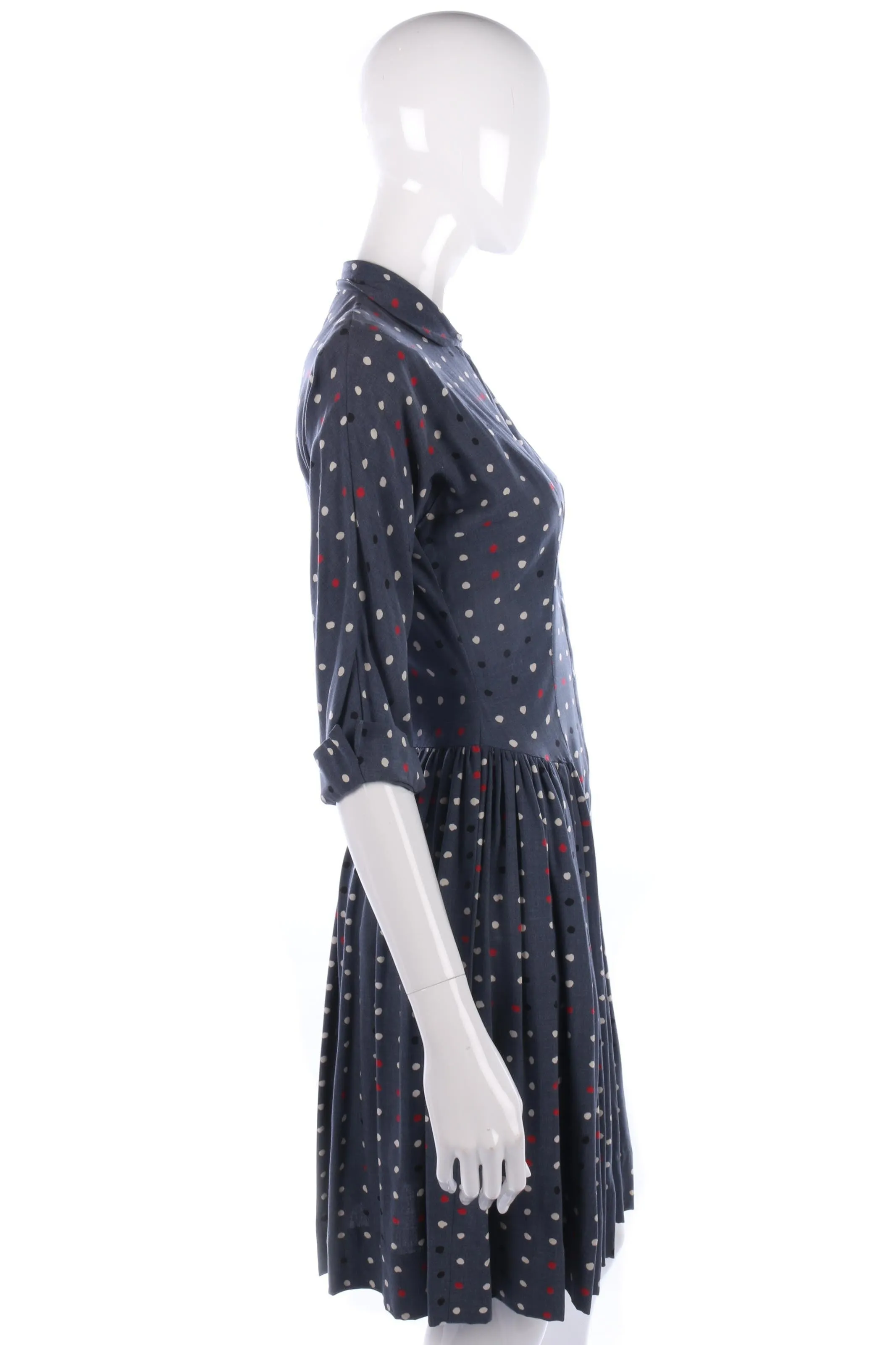 1950s Vintage Day Dress Cotton  Blue and White Spots Size S