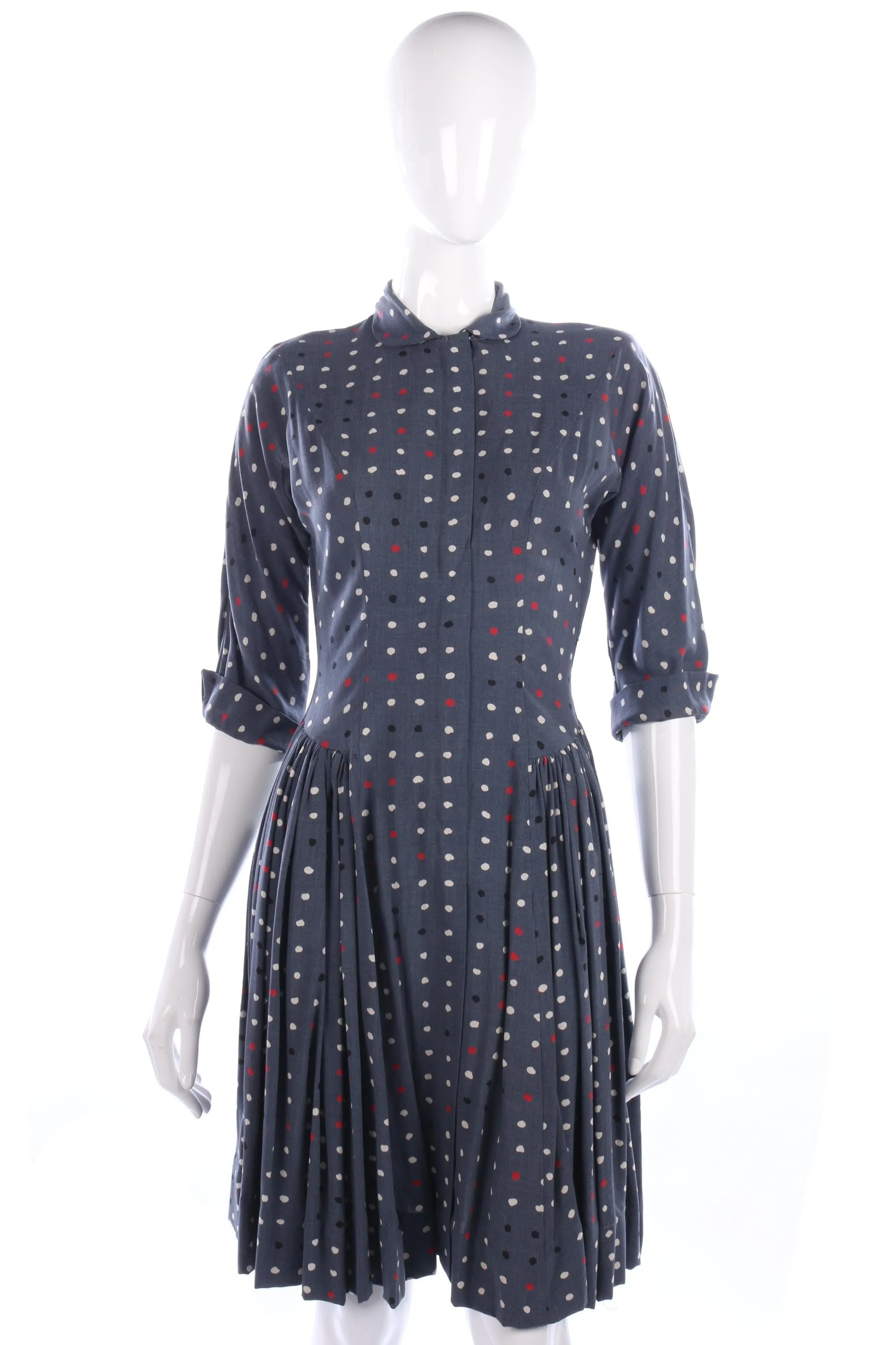 1950s Vintage Day Dress Cotton  Blue and White Spots Size S