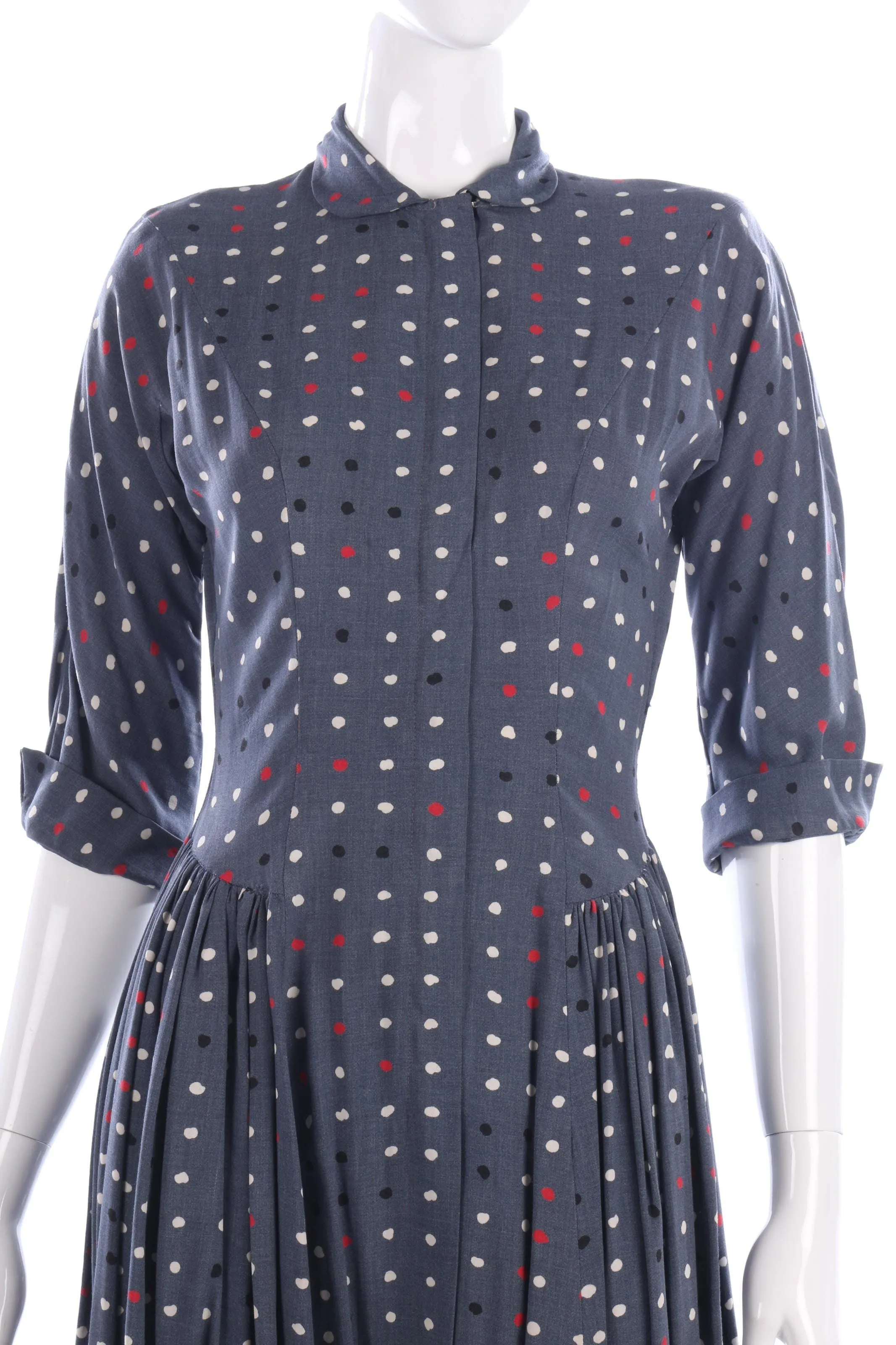 1950s Vintage Day Dress Cotton  Blue and White Spots Size S