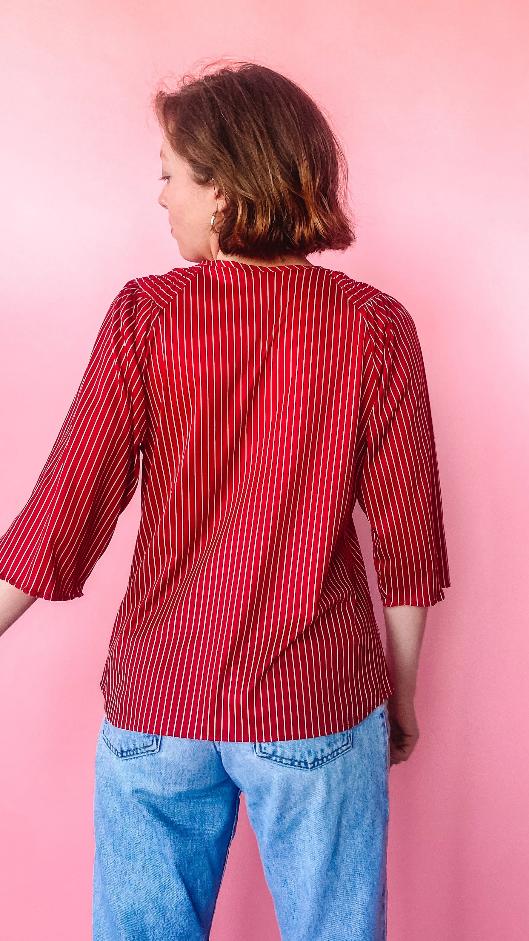 1970s Red Ruched Candy Stripe Top, sz. L