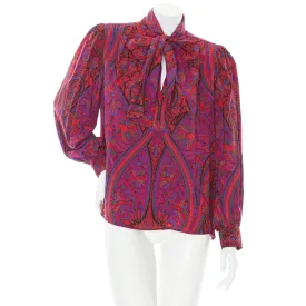 1970s Rive Gauche Red and Purple Silk Paisley Tie-Neck Blouse