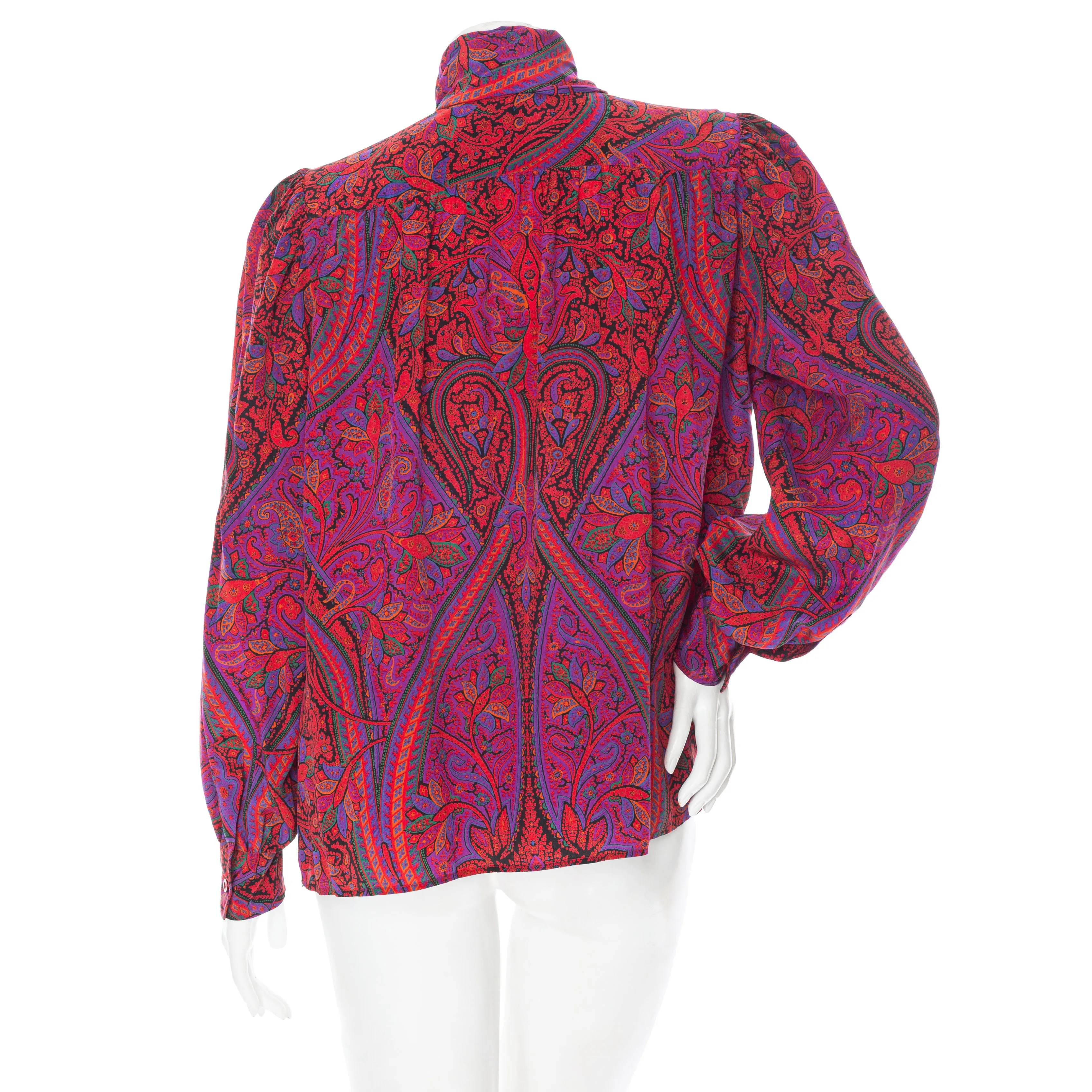 1970s Rive Gauche Red and Purple Silk Paisley Tie-Neck Blouse