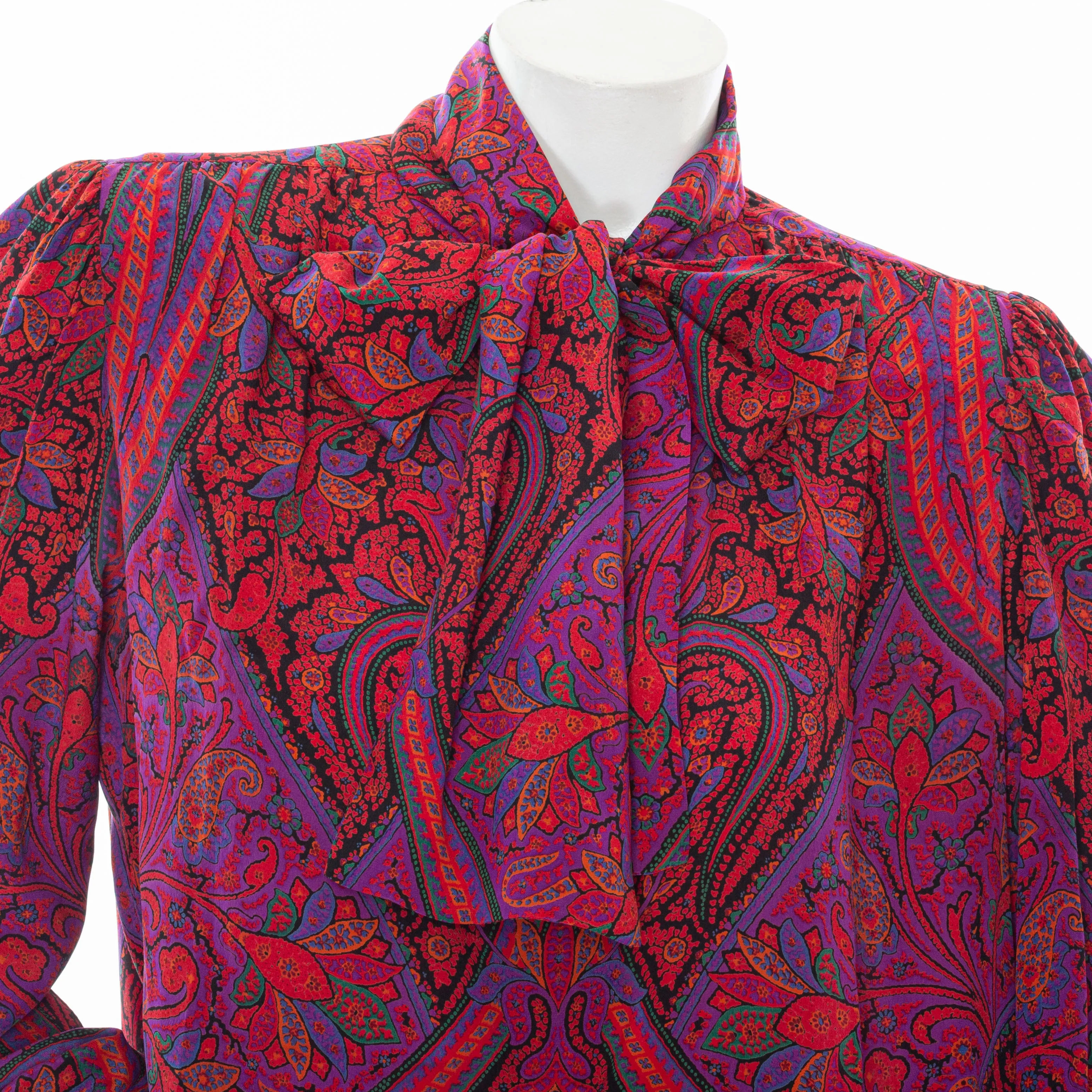 1970s Rive Gauche Red and Purple Silk Paisley Tie-Neck Blouse