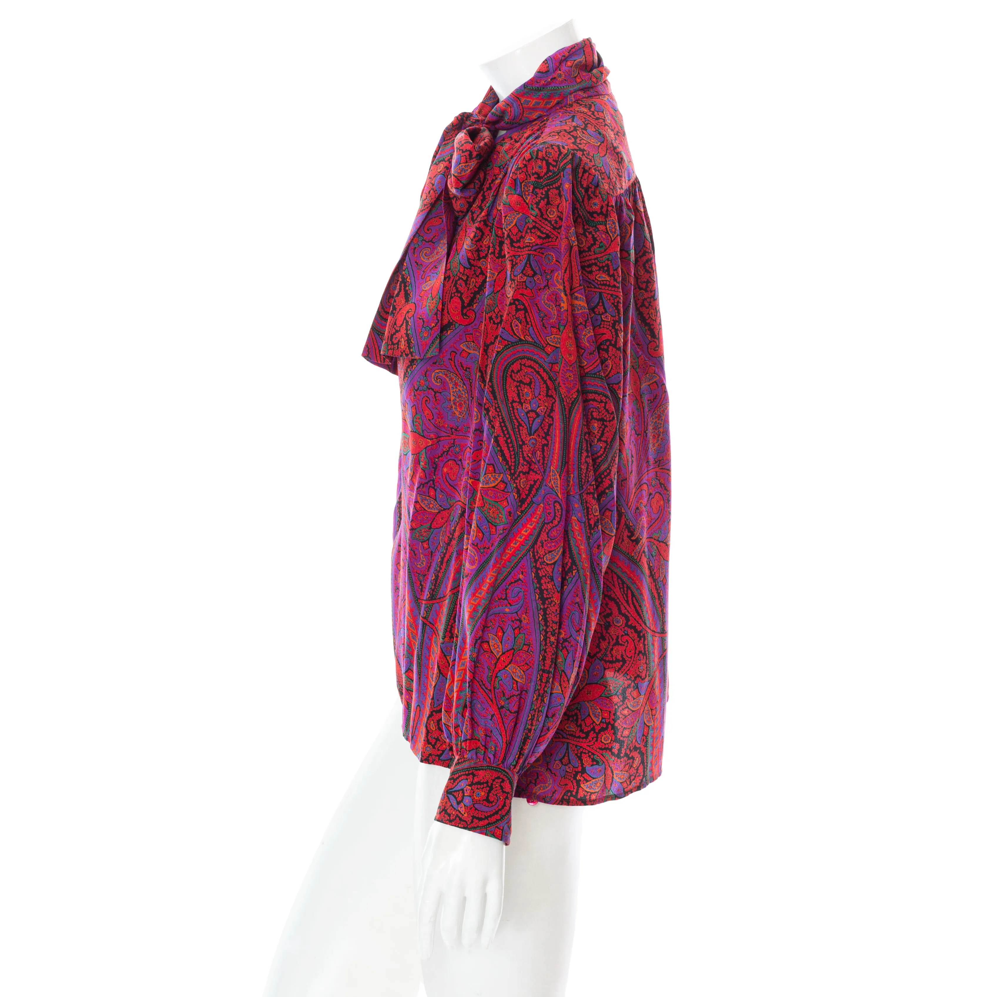 1970s Rive Gauche Red and Purple Silk Paisley Tie-Neck Blouse