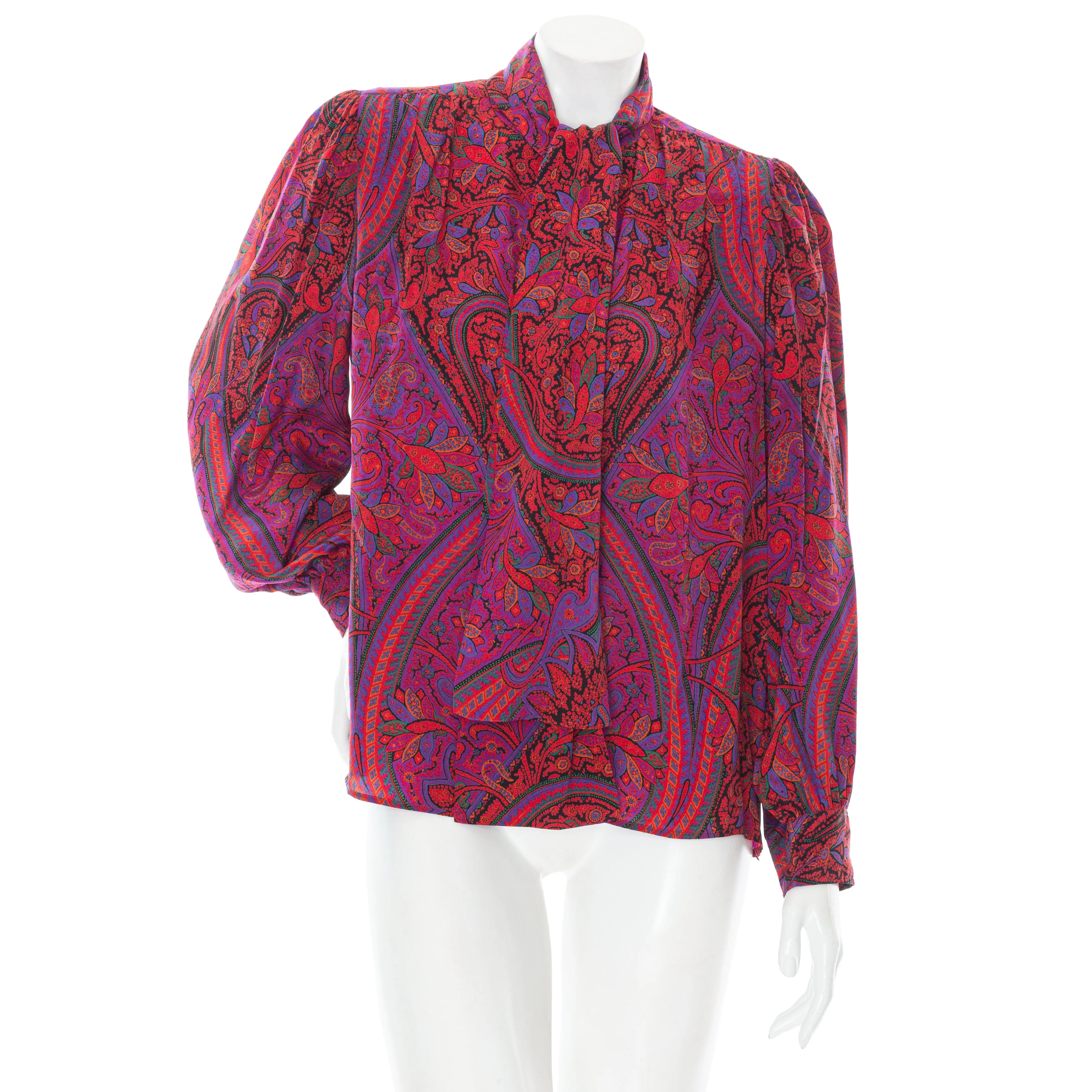 1970s Rive Gauche Red and Purple Silk Paisley Tie-Neck Blouse