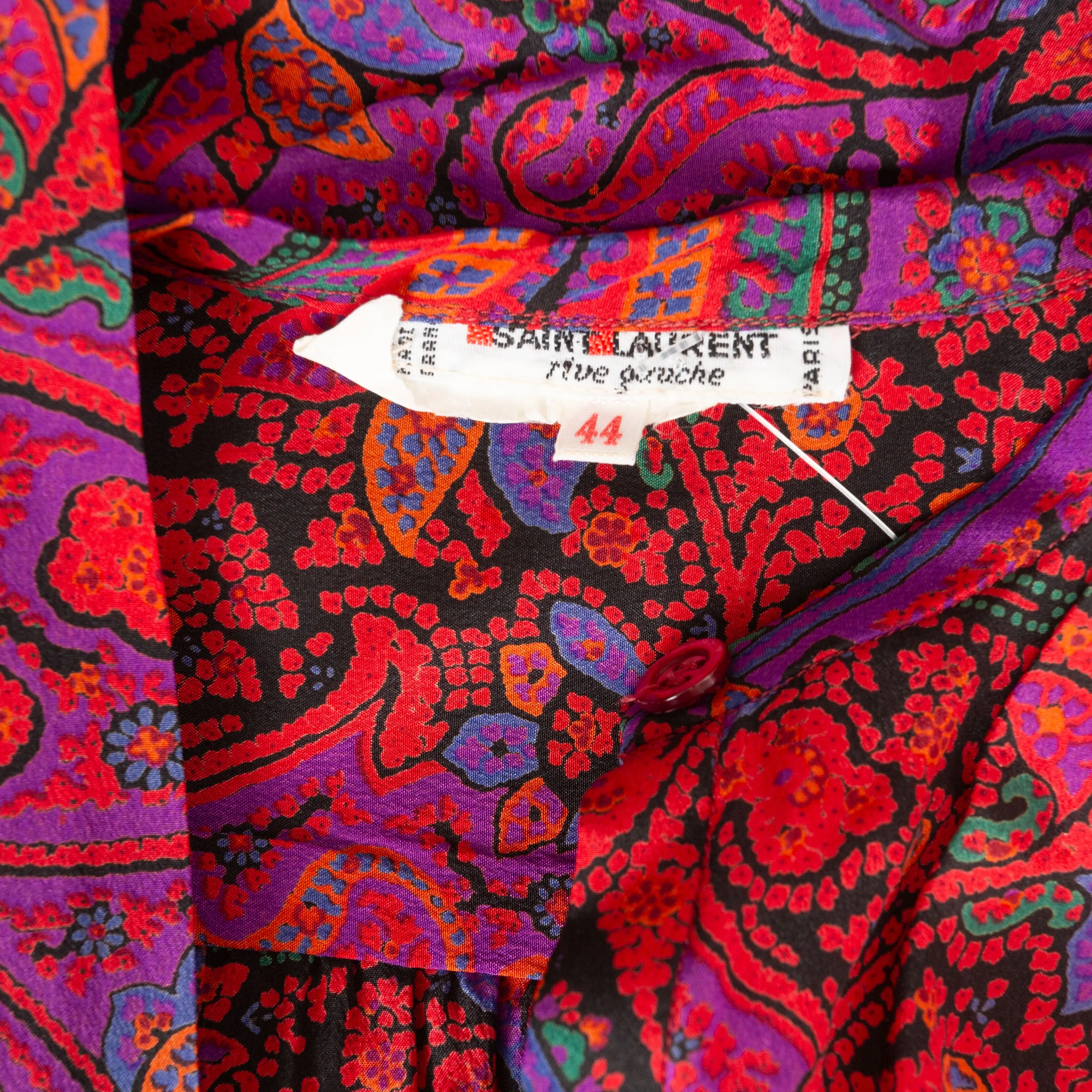 1970s Rive Gauche Red and Purple Silk Paisley Tie-Neck Blouse