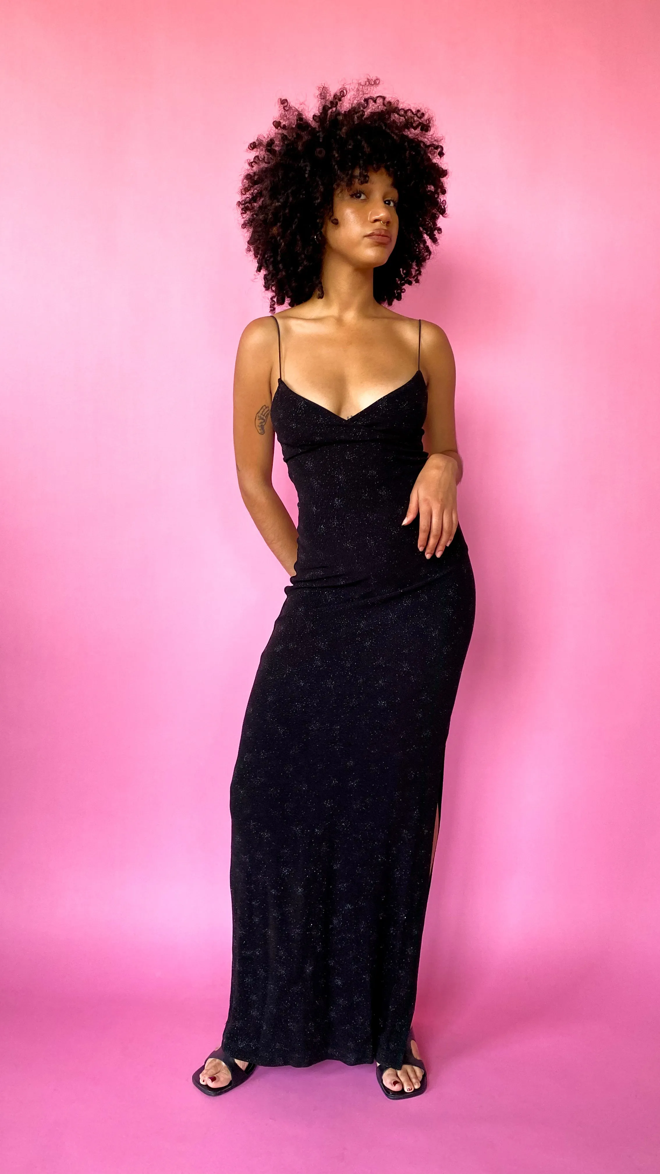 1990s Black Sparkly Maxi Dress, sz. XS/S