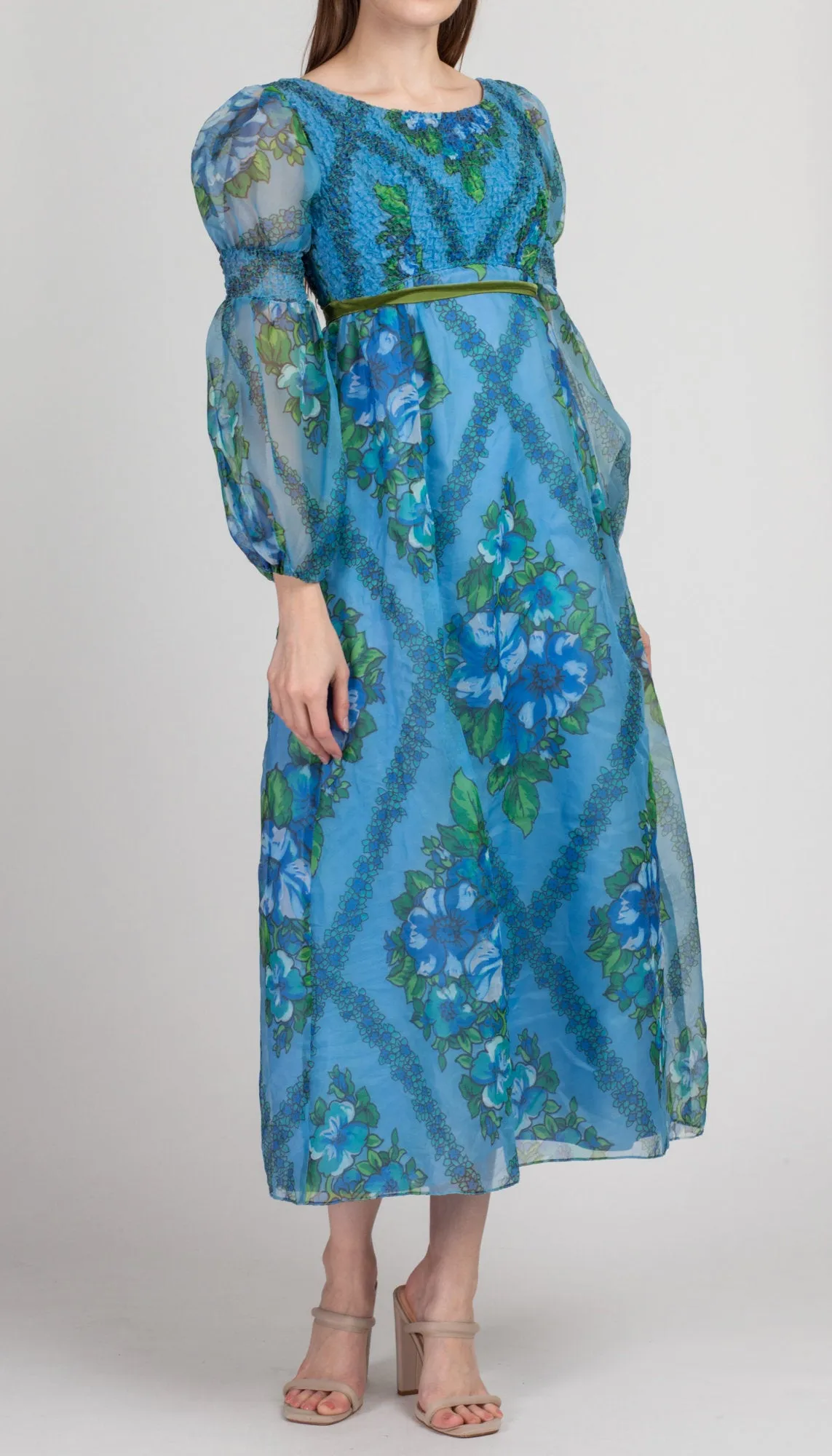 60s Blue Floral Juliet Sleeve Maxi Dress - Petite XS