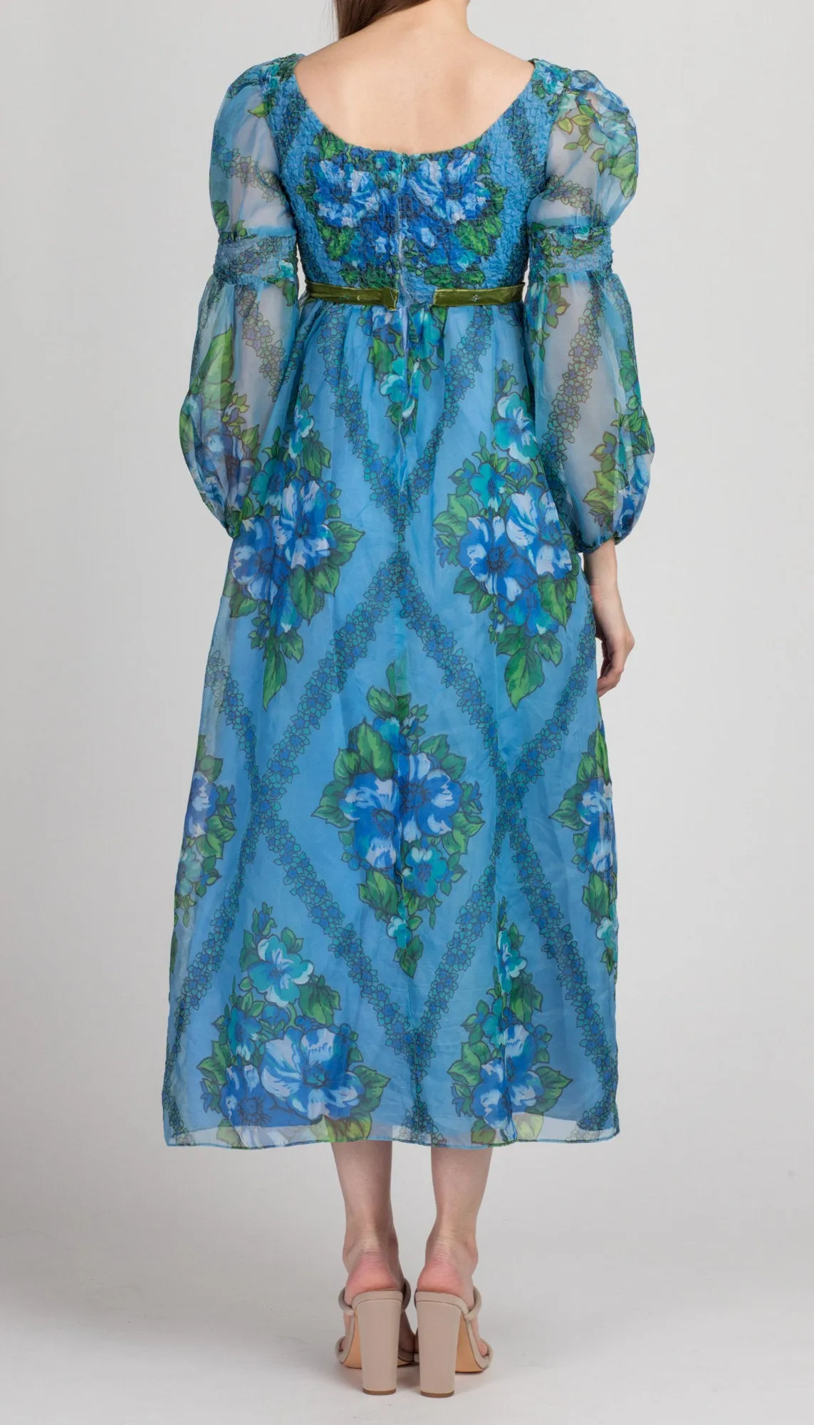 60s Blue Floral Juliet Sleeve Maxi Dress - Petite XS