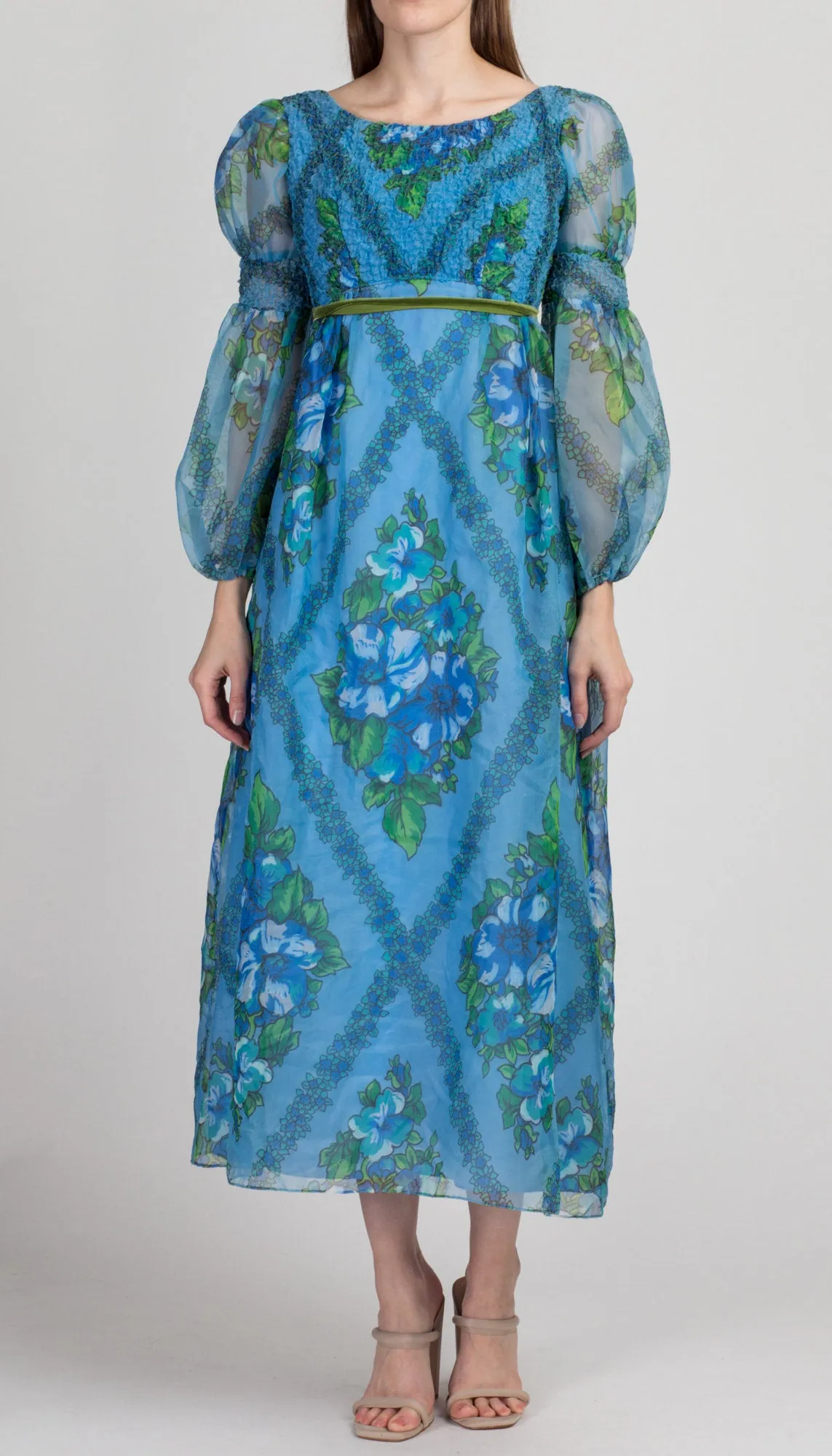 60s Blue Floral Juliet Sleeve Maxi Dress - Petite XS