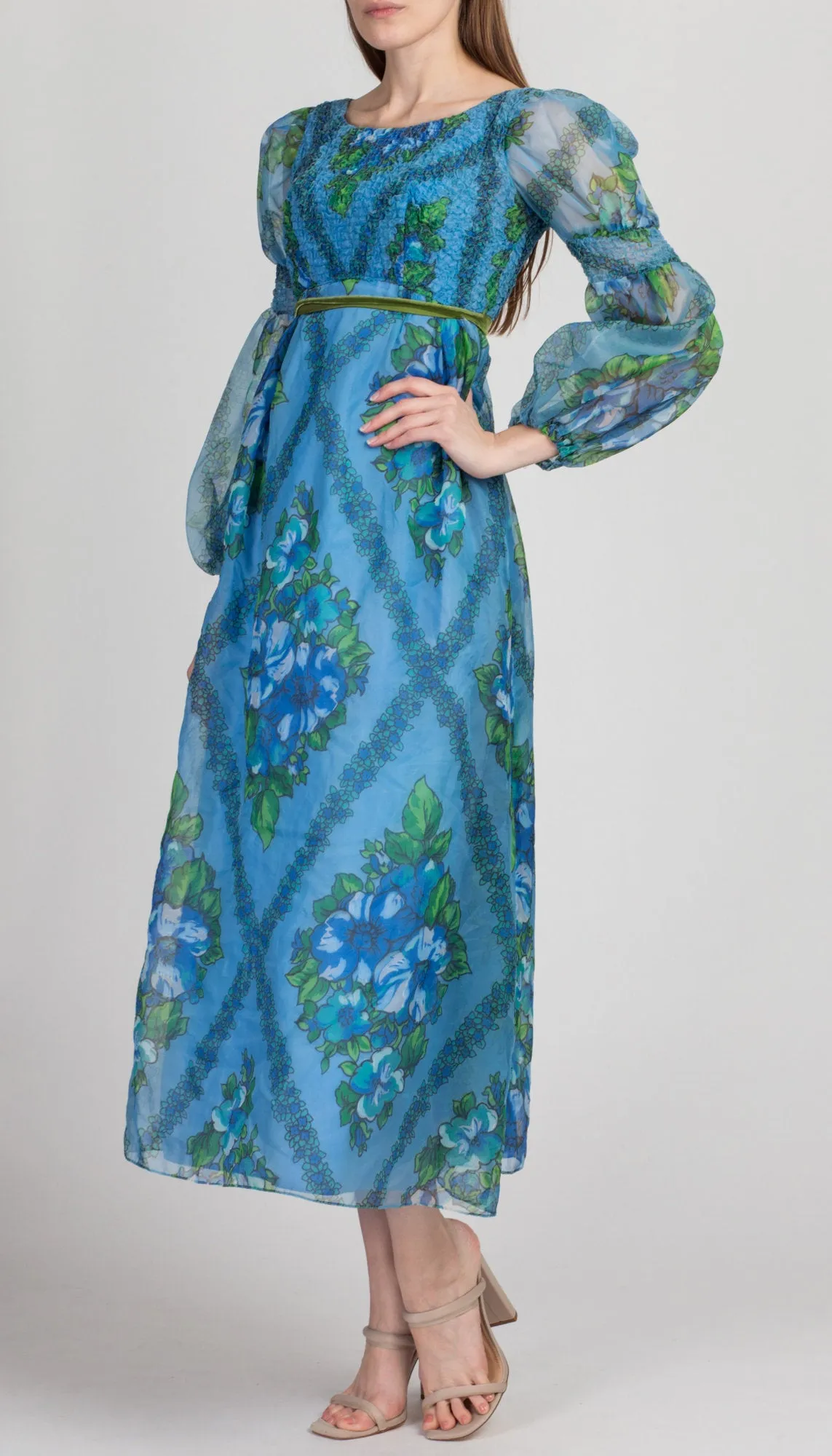 60s Blue Floral Juliet Sleeve Maxi Dress - Petite XS