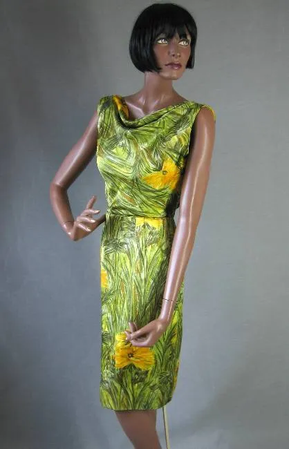 60s Women's Dress Vintage Bombshell Wiggle Silk Floral Print Back Interest Medium VFG