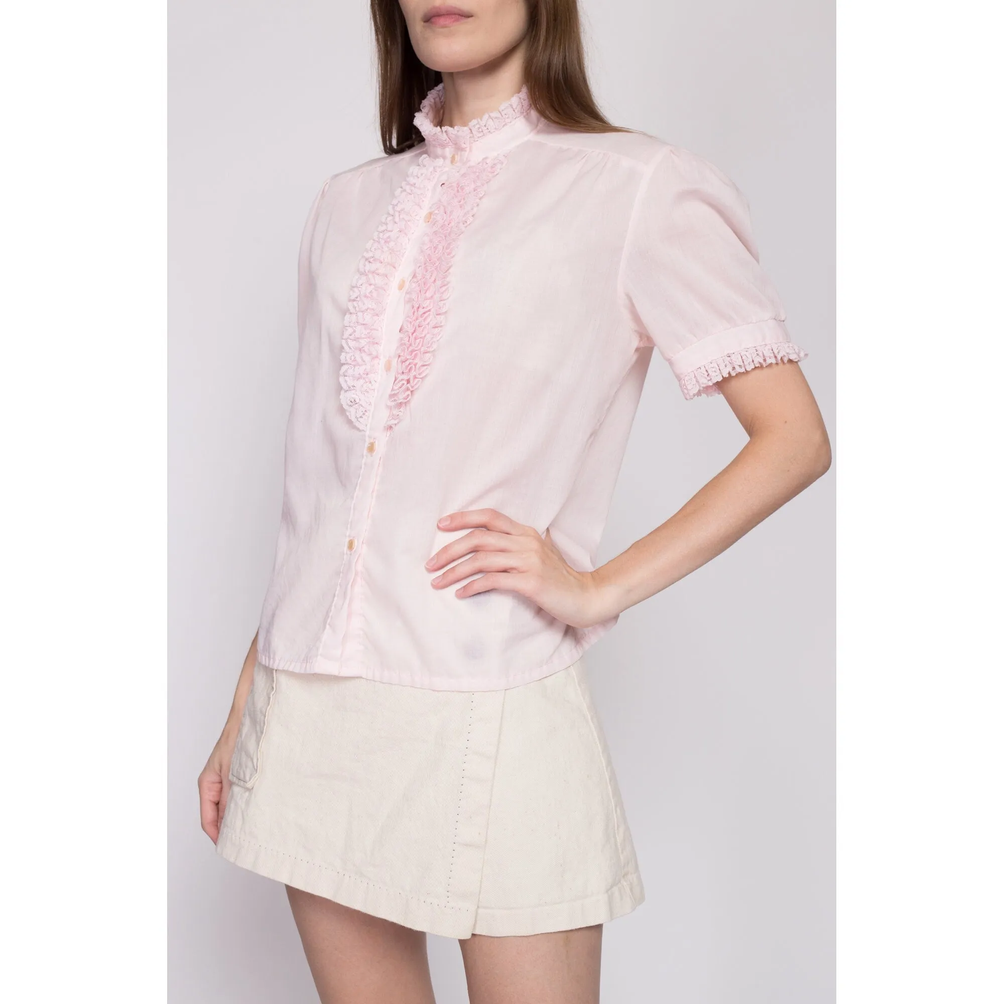 70s Baby Pink Tuxedo Ruffle Blouse - Large