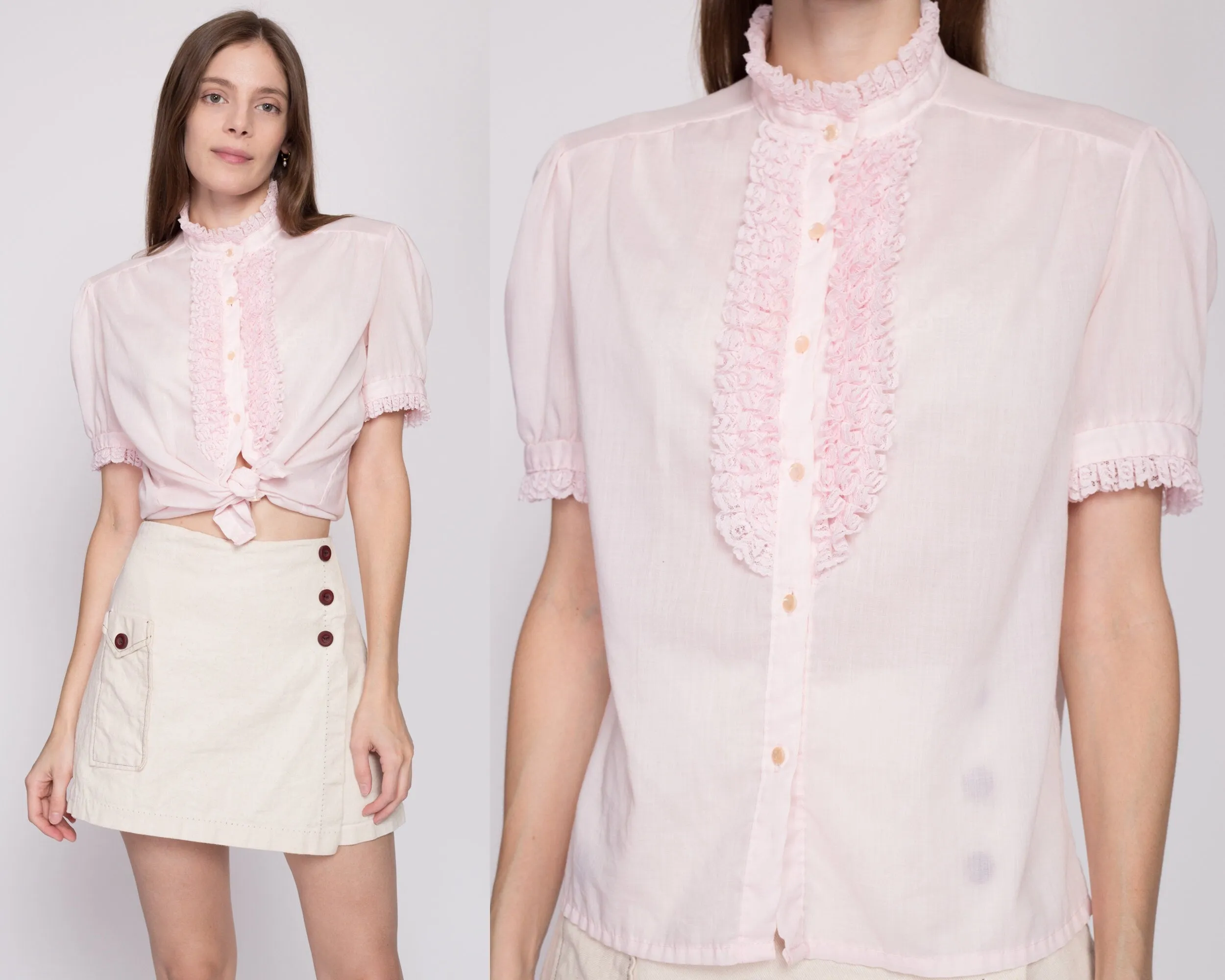 70s Baby Pink Tuxedo Ruffle Blouse - Large