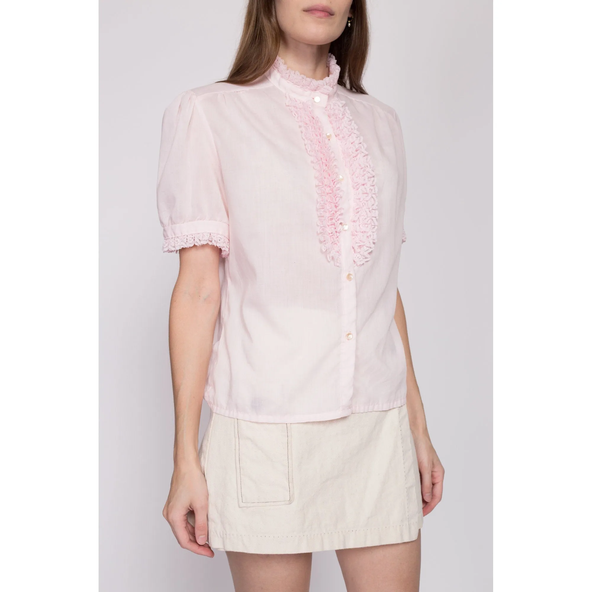 70s Baby Pink Tuxedo Ruffle Blouse - Large