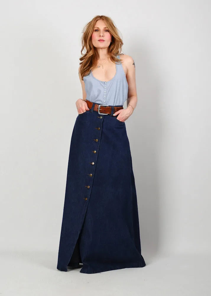 70s High Waisted Denim Maxi Skirt