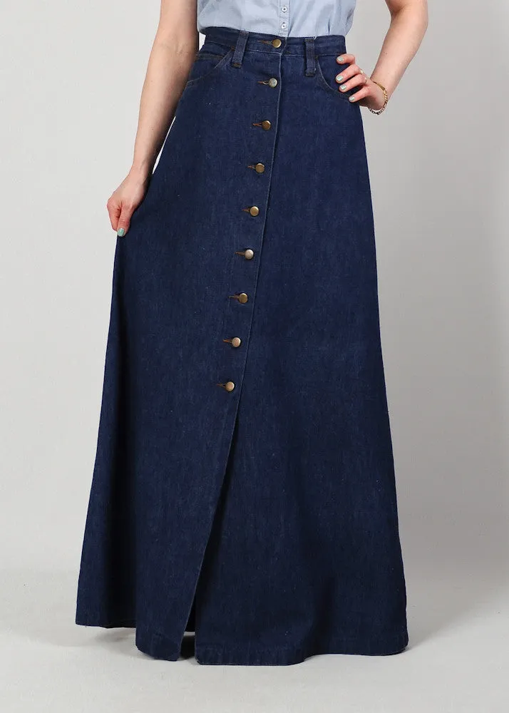 70s High Waisted Denim Maxi Skirt