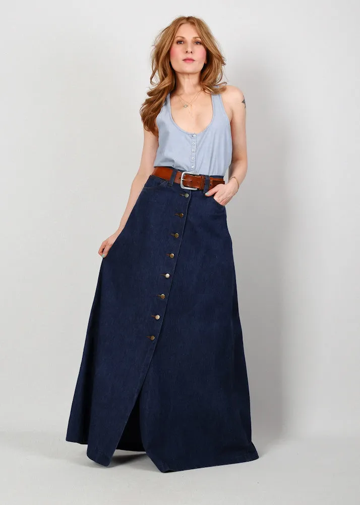 70s High Waisted Denim Maxi Skirt