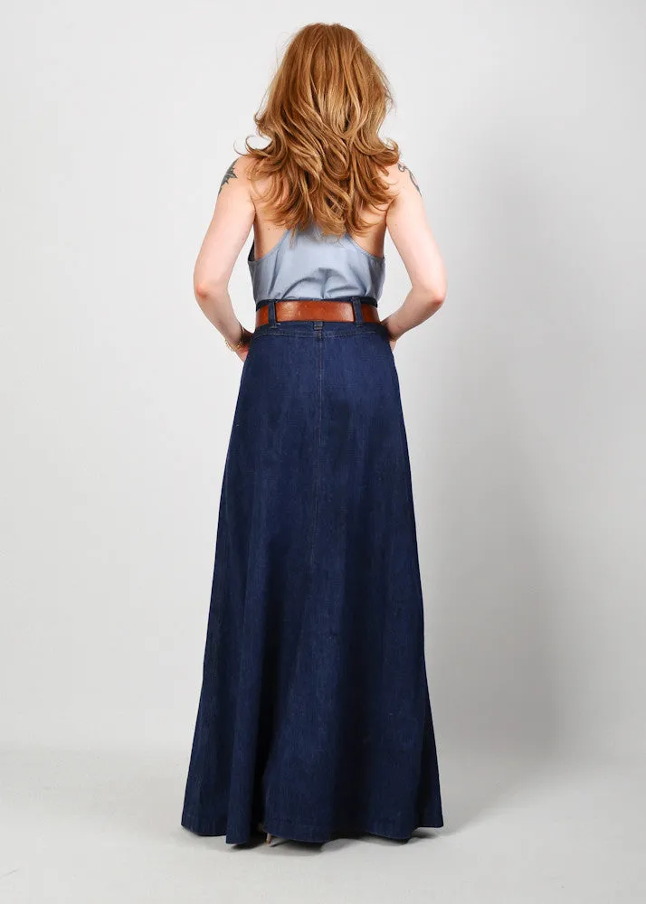 70s High Waisted Denim Maxi Skirt