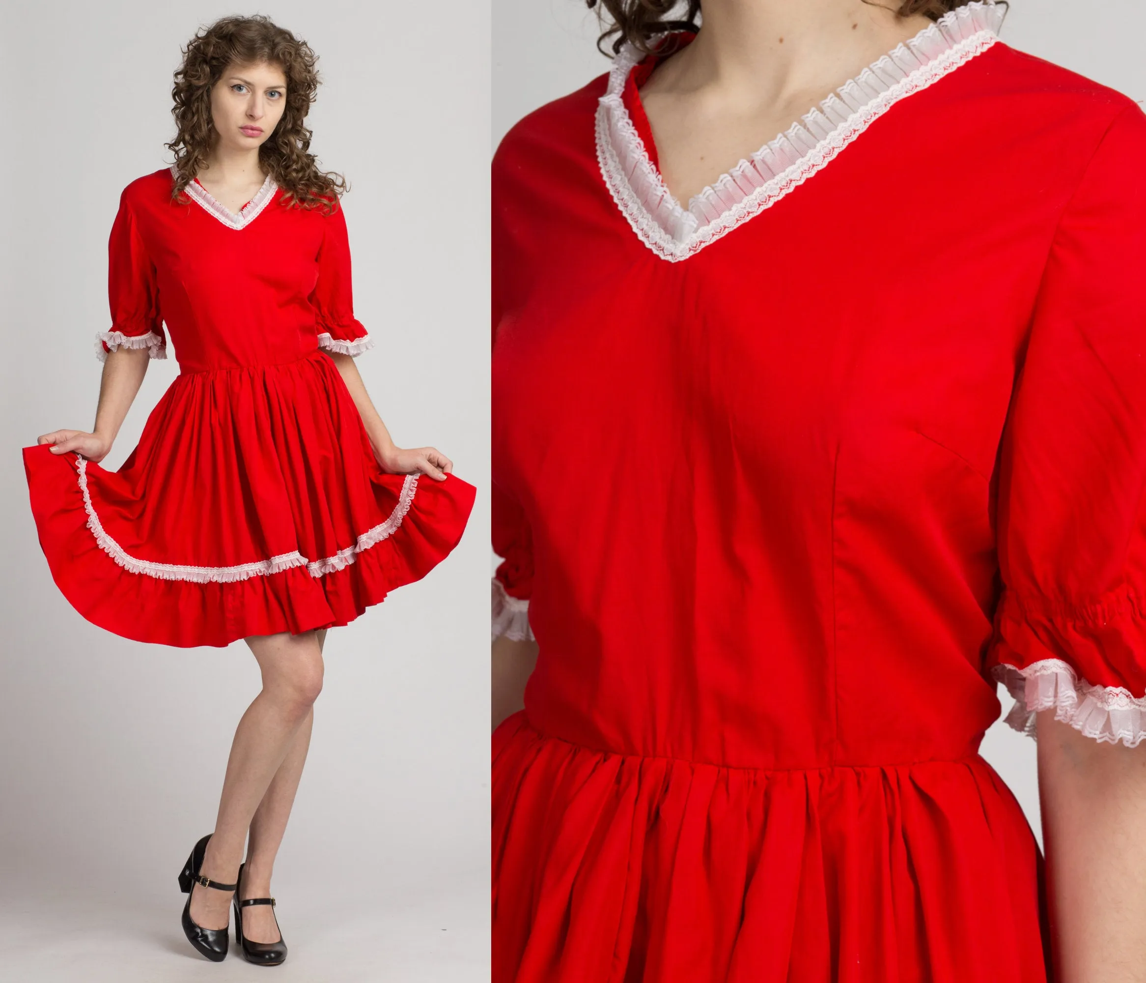 70s Red Ruffle Square Dance Dress - Medium to Large