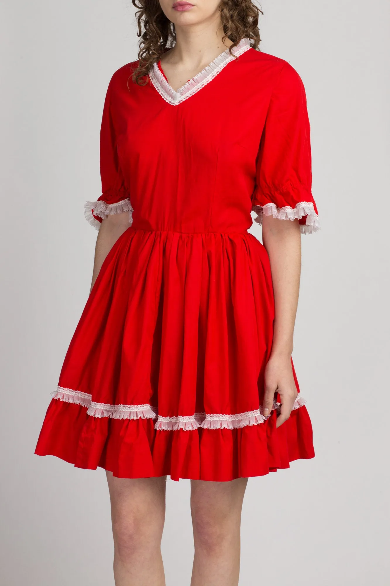 70s Red Ruffle Square Dance Dress - Medium to Large