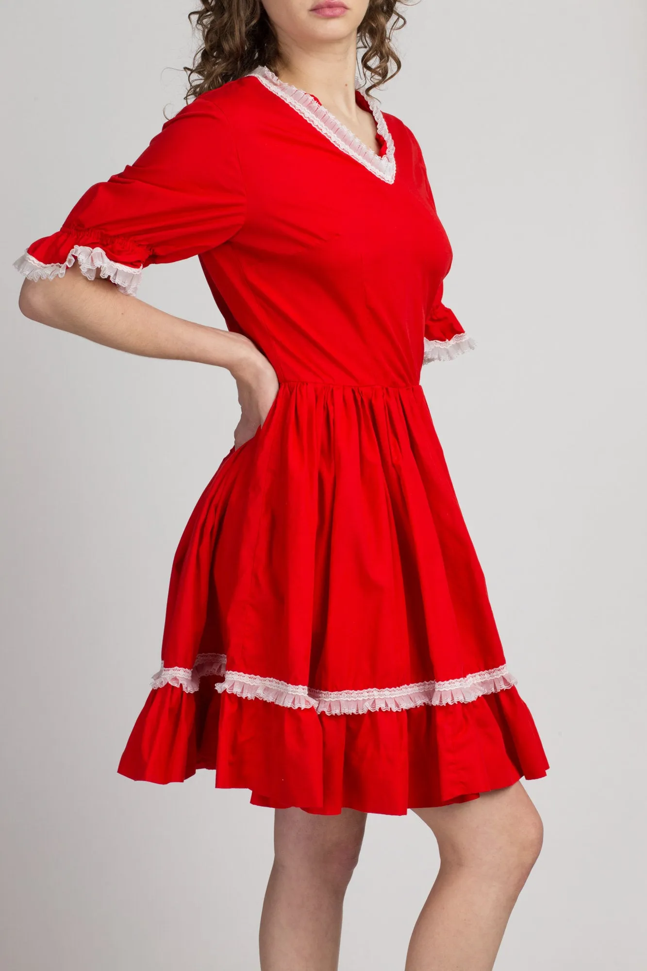 70s Red Ruffle Square Dance Dress - Medium to Large