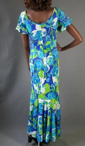 70s Vintage Hawaiian Maxi Dress Mermaid Style Fit & Flare Slinky M VFG