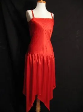 70s Women's Dress Vintage Disco Dance Red Satin Handkerchief Hem Small VFG