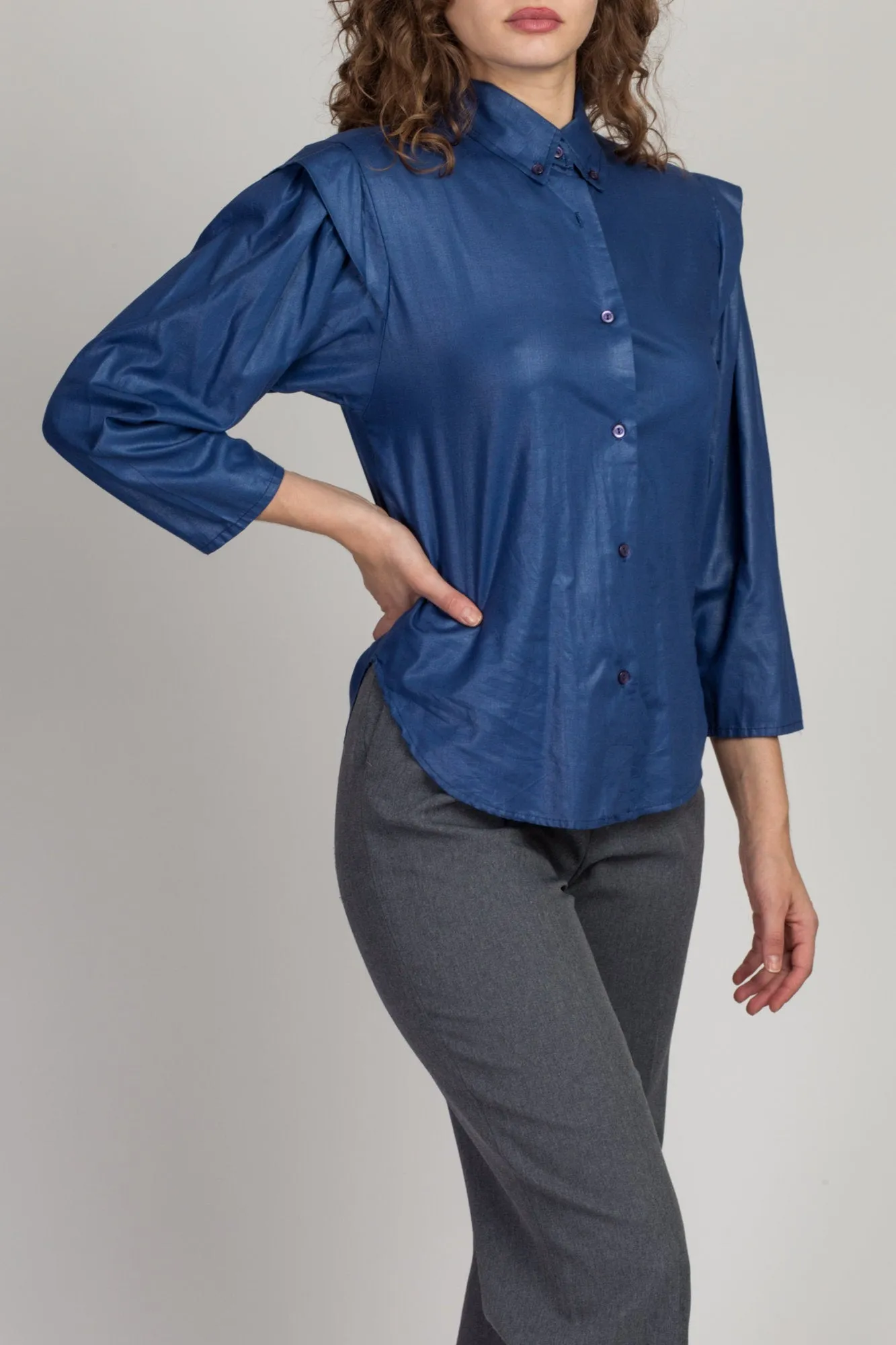 80s Blue Long Cap Sleeve Blouse - Medium