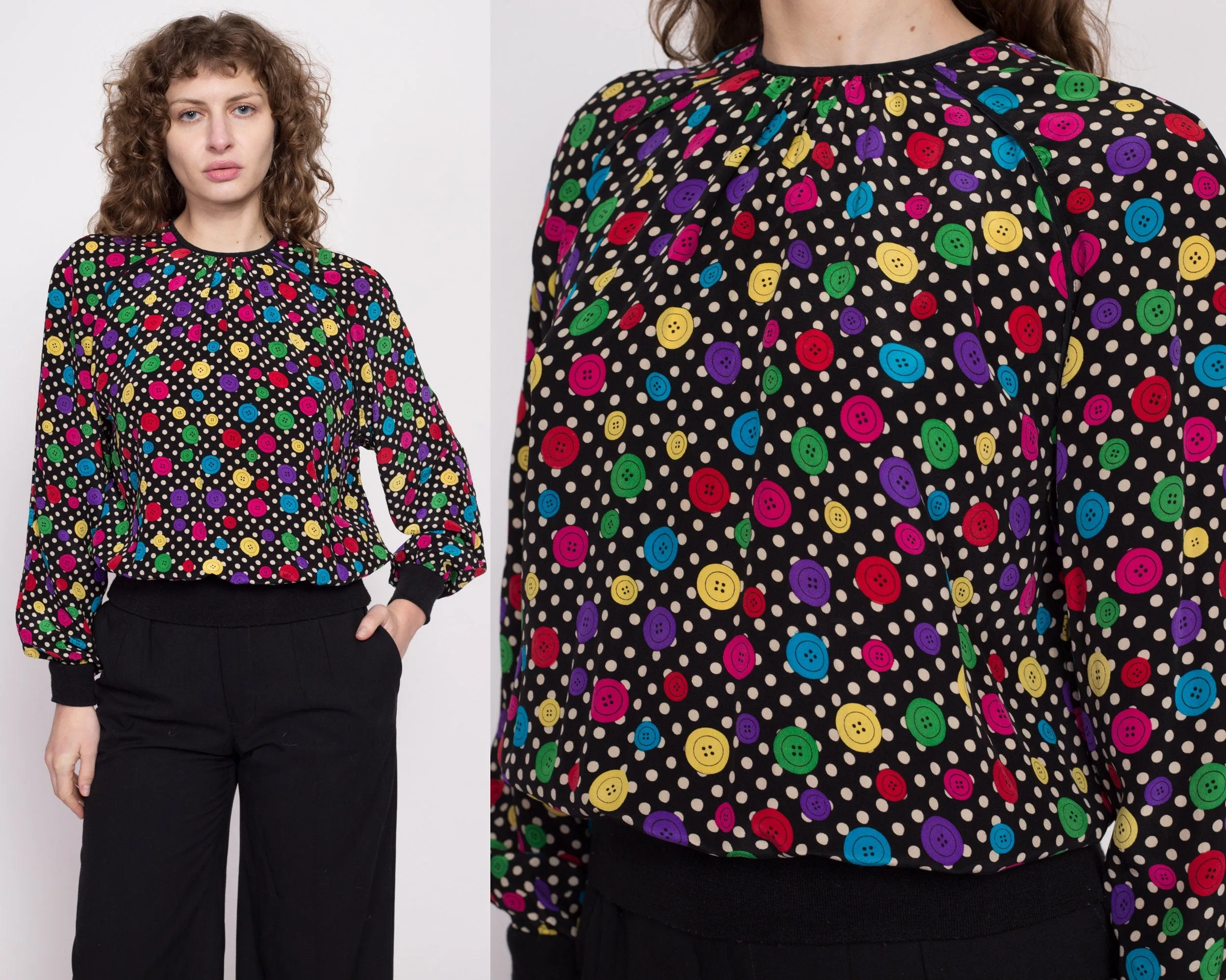 80s Button Print Silk Blouse - Medium