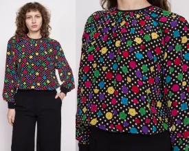 80s Button Print Silk Blouse - Medium