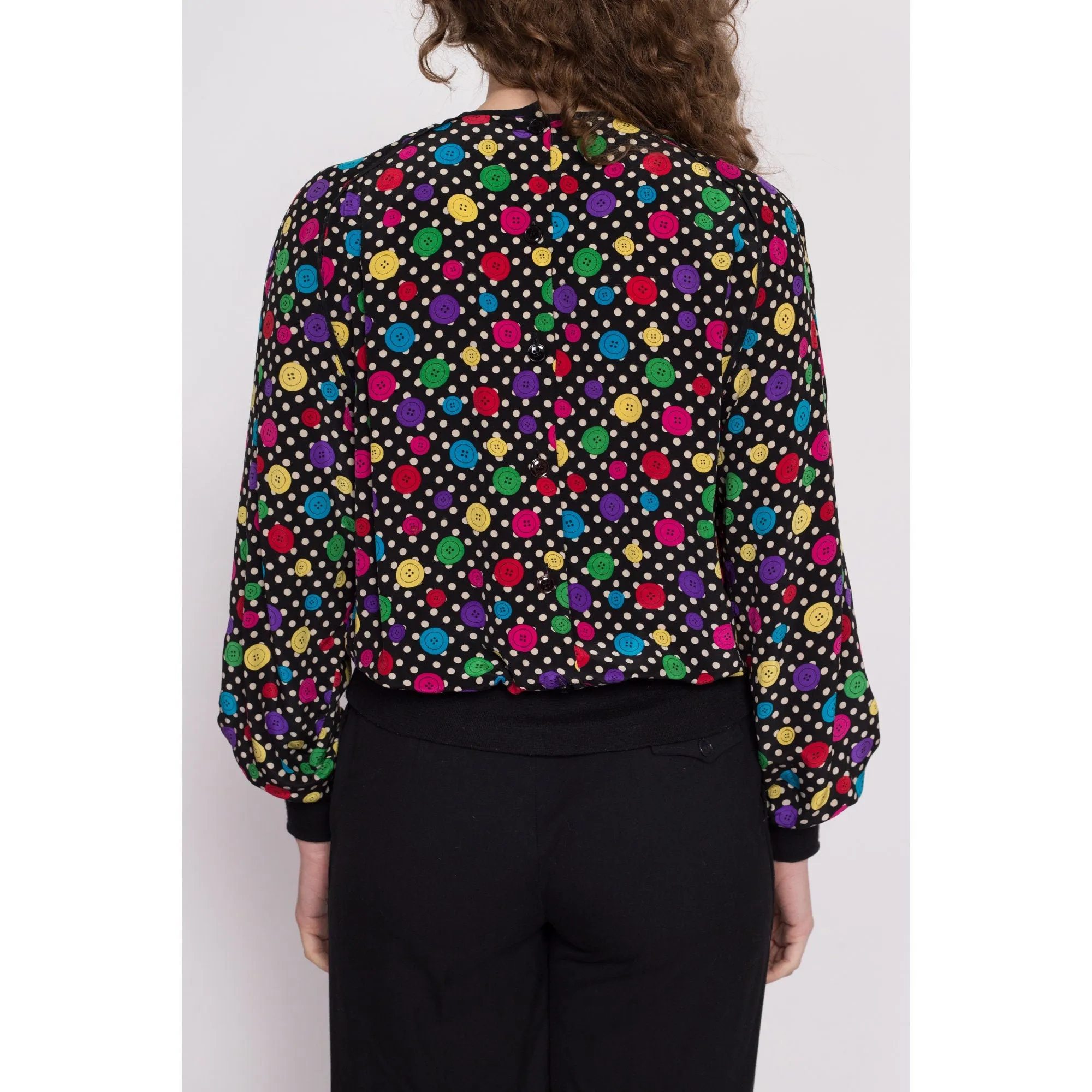 80s Button Print Silk Blouse - Medium