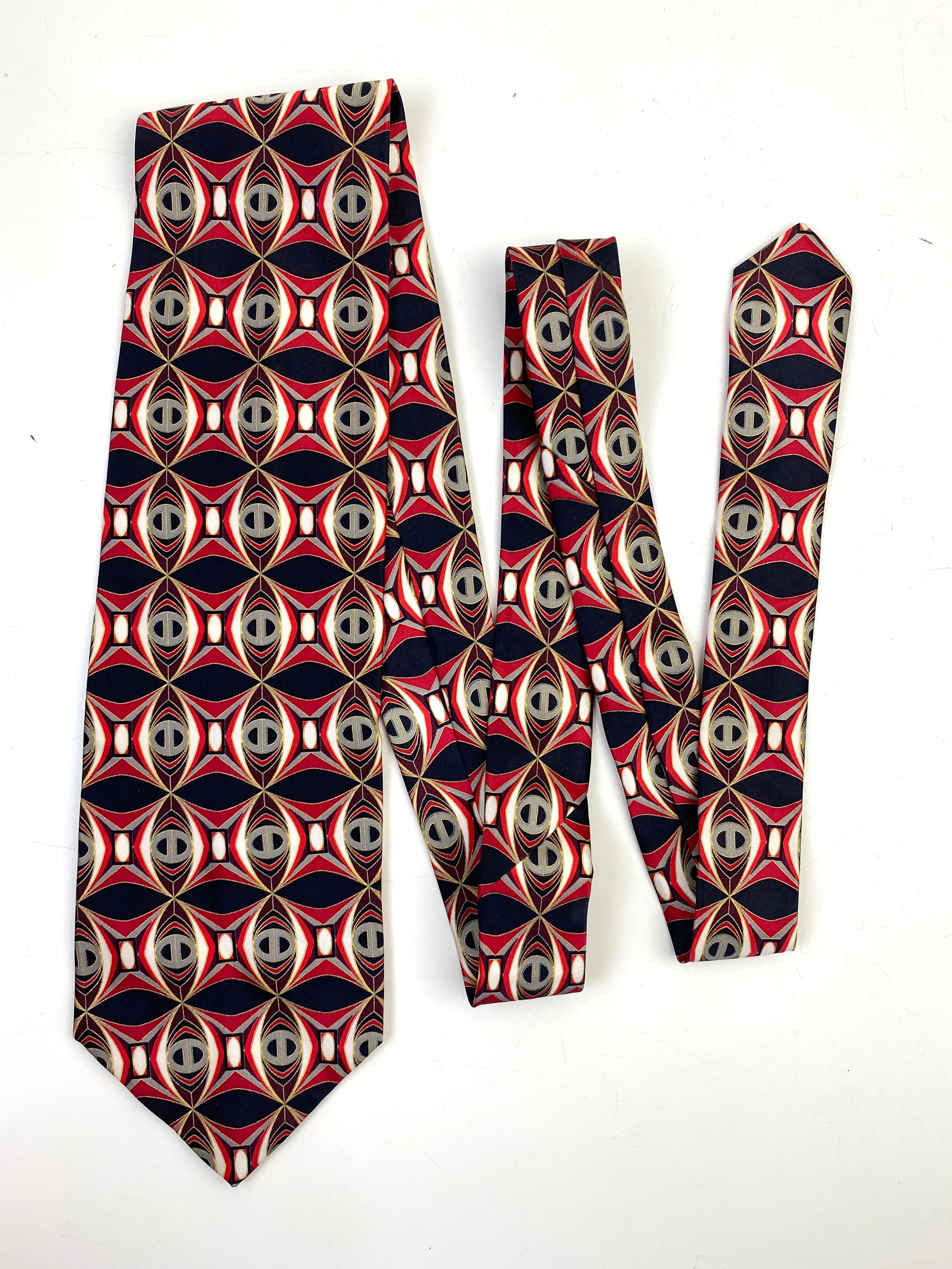 90s Deadstock Silk Necktie, Men's Vintage Red/ Gold Geometric Art Deco Pattern Tie, NOS