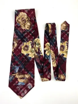 90s Deadstock Silk Necktie, Men's Vintage Wine/ Blue Floral Pattern Tie, NOS