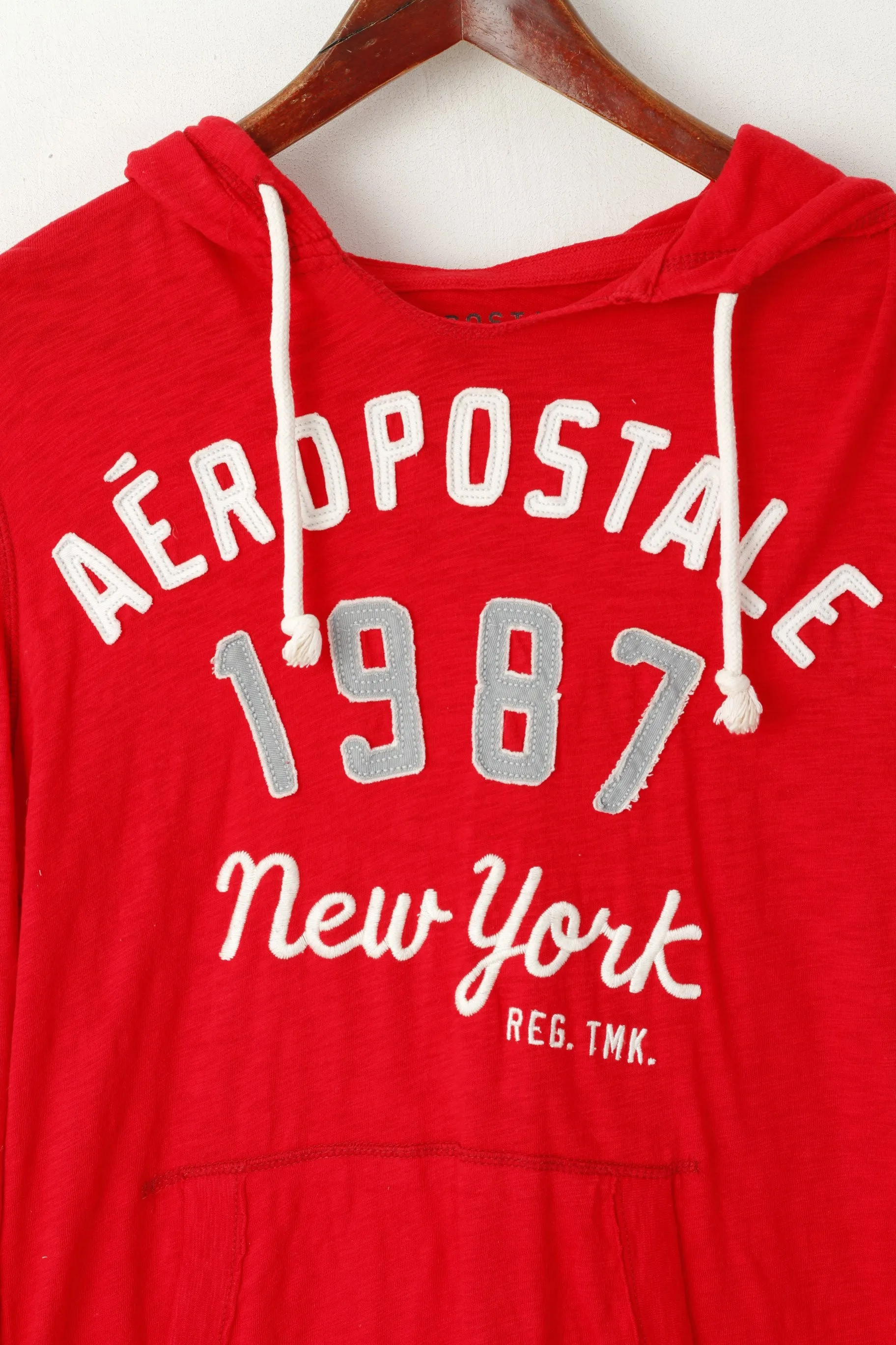 Aeropostale Men S Shirt Red Cotton Hooded New York Graphic Kangaroo Pocket Top