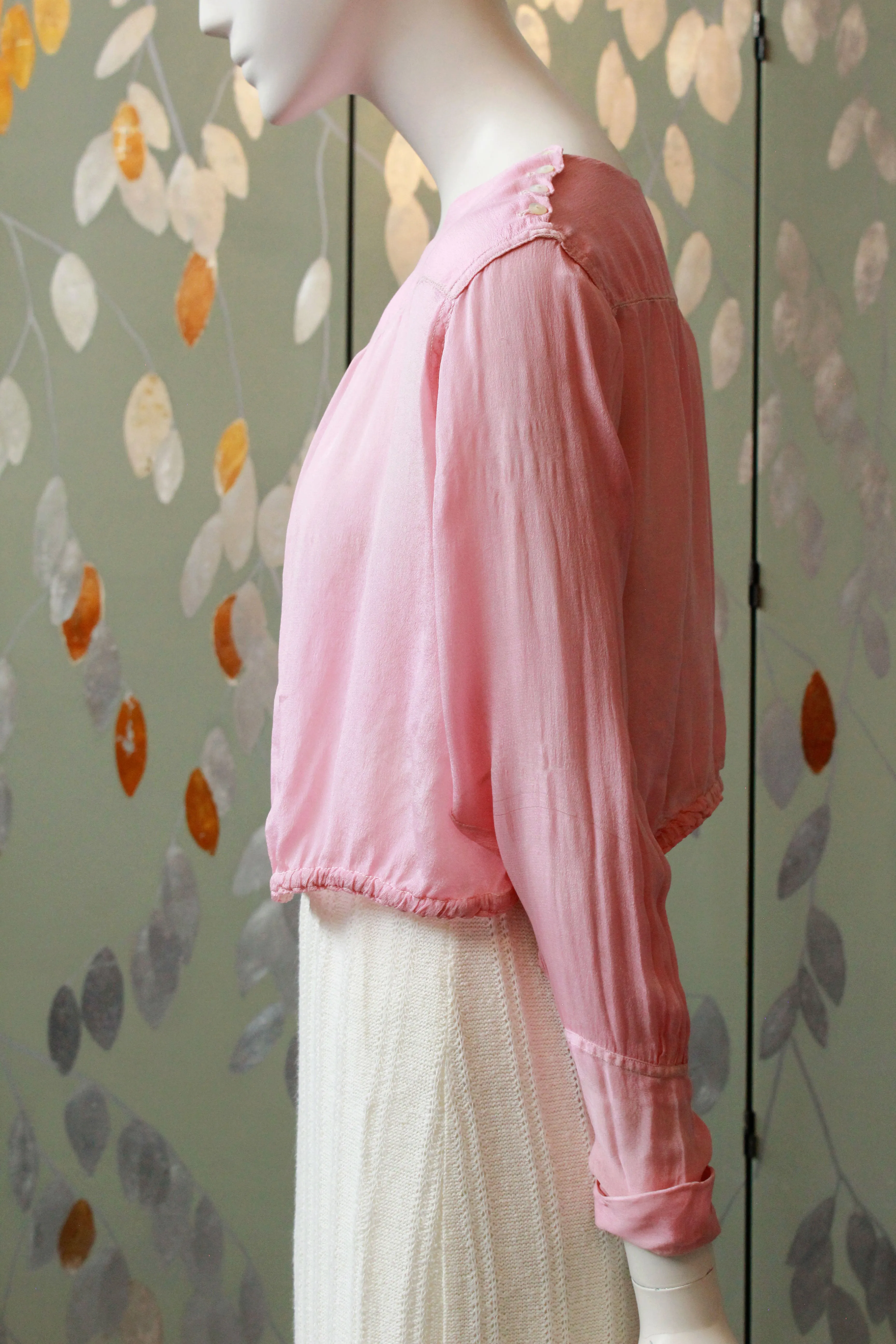 Antique Pink Edwardian Silk Long Sleeve Blouse, Buttons on shoulder, S/M