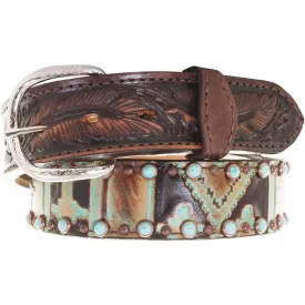 B921 - Navajo Turquoise/Brown and Feather Tooled Belt