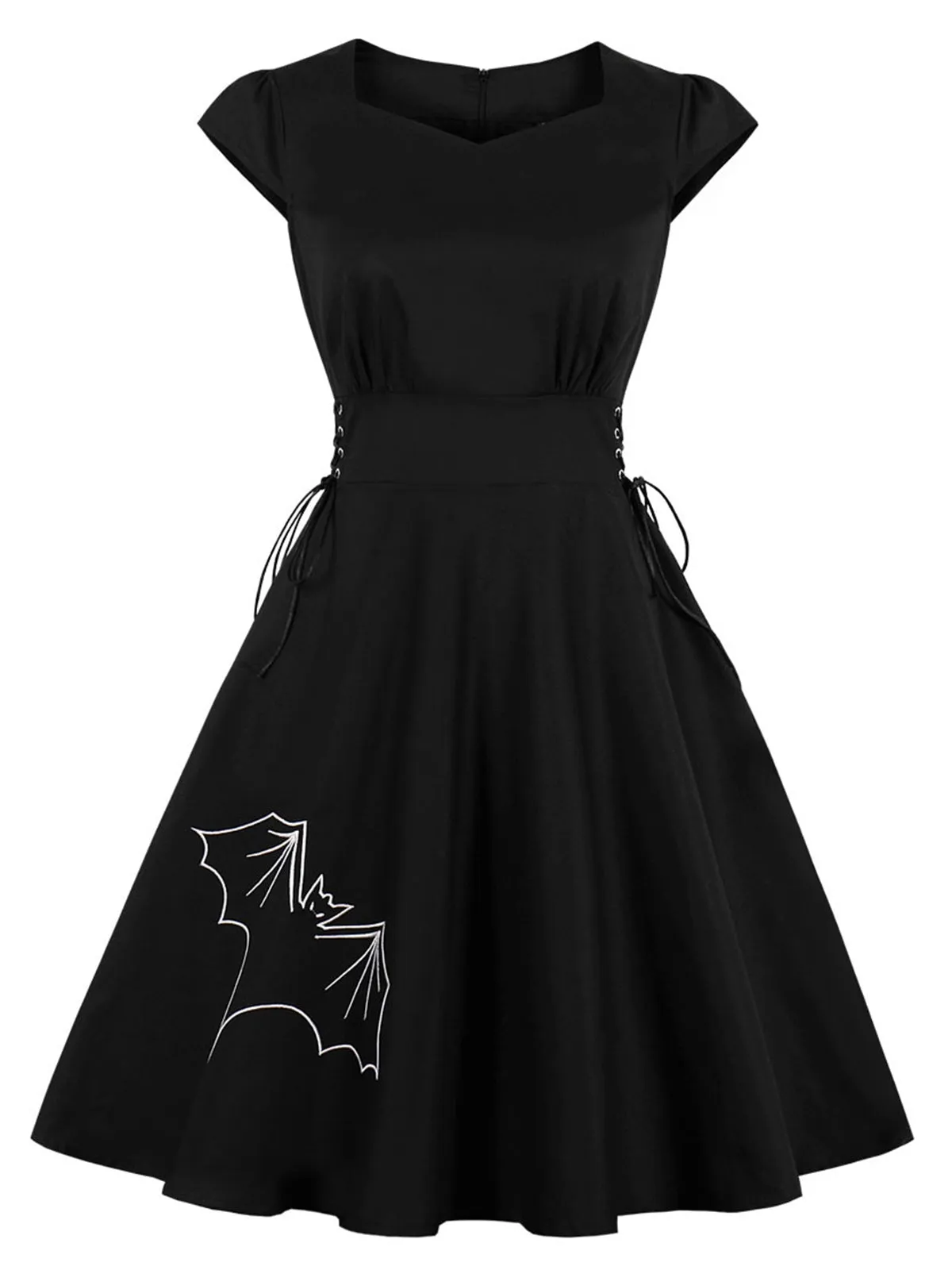 Black 1950s Halloween Bat Lace-Up Dress