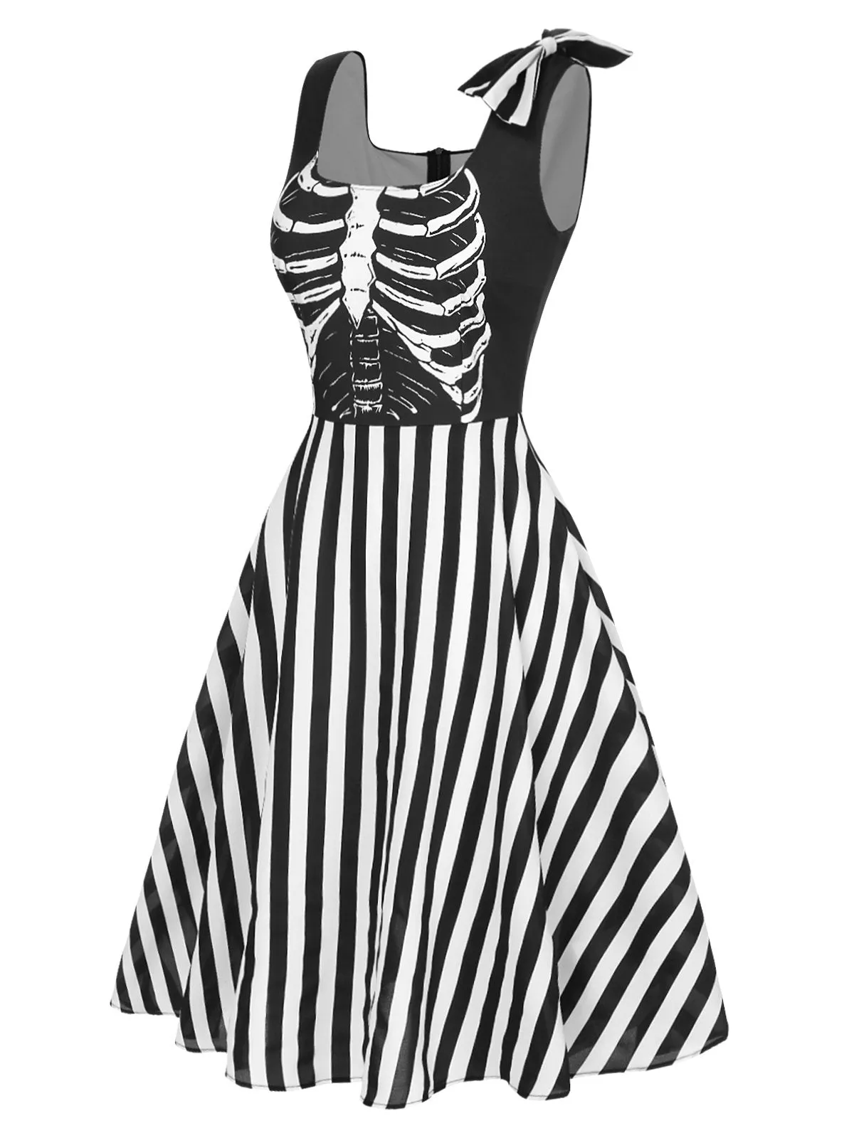 Black 1950s Halloween Skeleton Vertical Stripes Dress